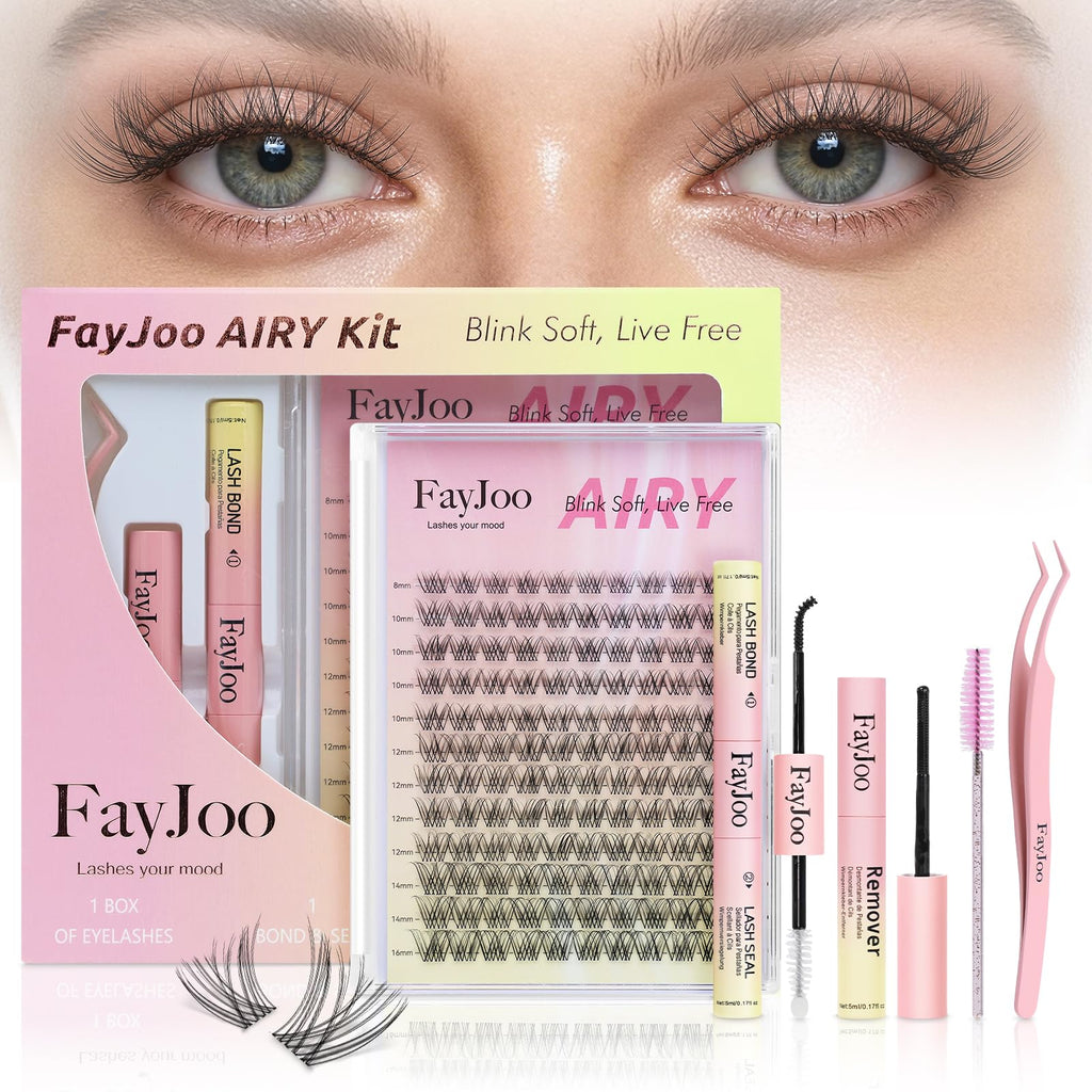 Natural Wispy Soft Lash Clusters Kit with 0.05mm Invisible Band, C Curl 8-16mm, DIY Salon Eyelash Extensions with Bond Seal Remover Tweezer, FayJoo AIRY 11 Kit