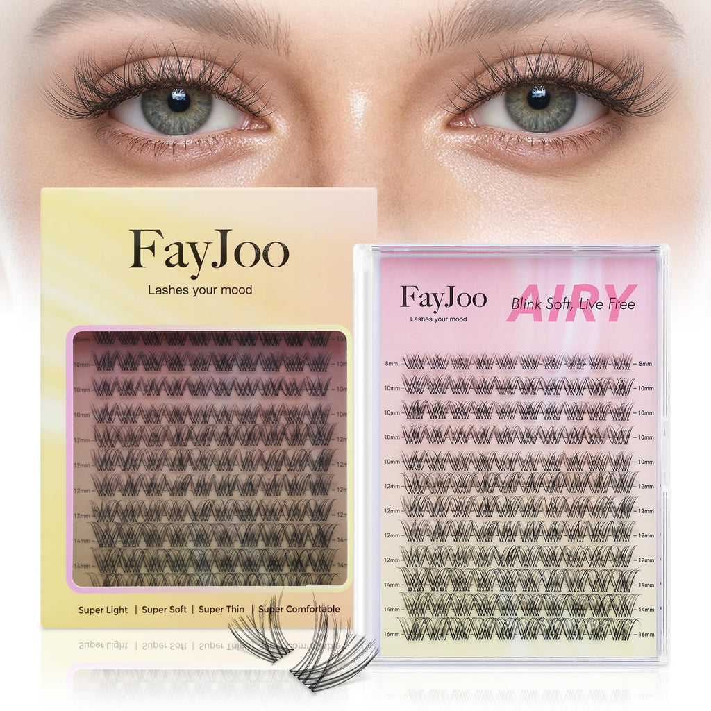 Natural Wispy Soft Lash Clusters with 0.05mm Invisible Band, C Curl 8-16mm, DIY Salon Effect Lightweight Lash Extensions, FayJoo AIRY 11 Lash Only