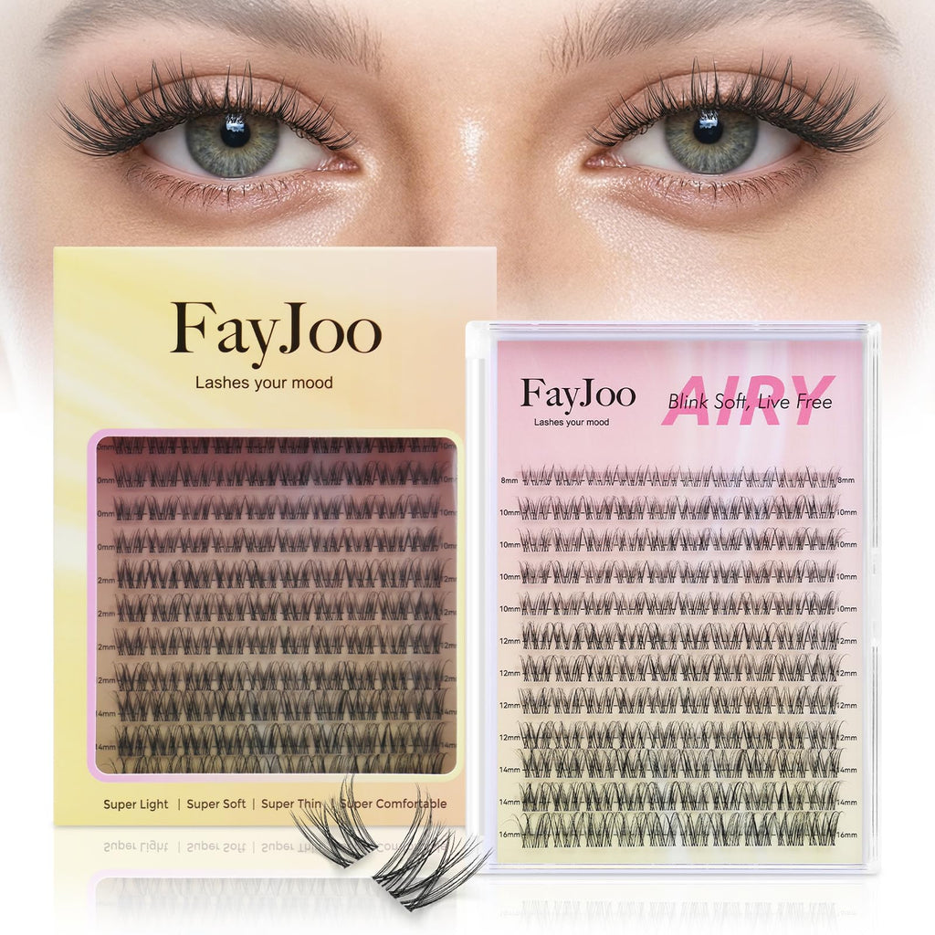 Natural Lash Clusters with 0.05mm Thin Invisible Band, Soft Wispy C Curl Lash Extensions, DIY Salon Effect with 8-16mm Lengths,Lightweight for Daily Wear,FayJoo AIRY 12 Lash Only