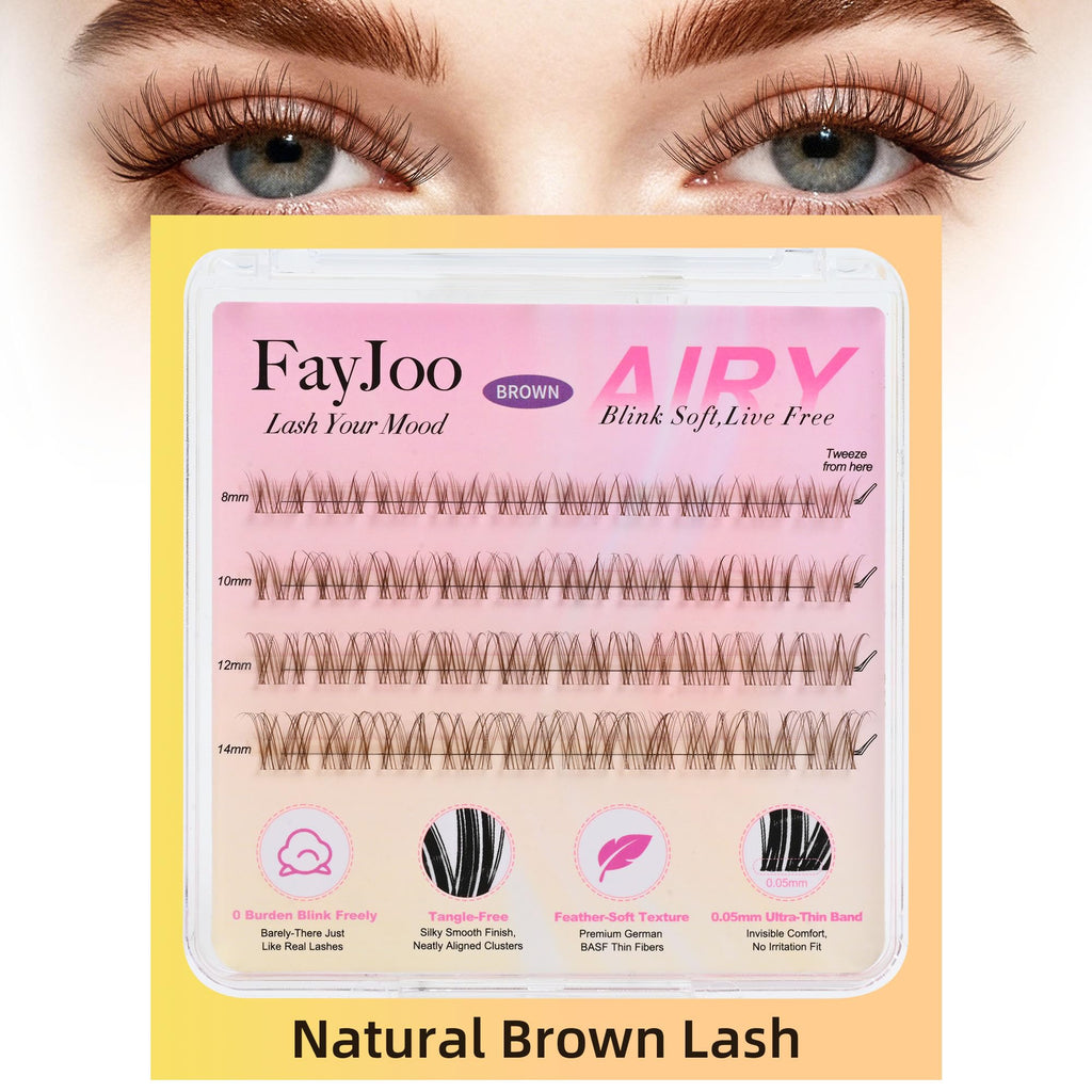 Natural Brown Lash Clusters with Thin Clear Band, Soft Wispy C Curl Lash Extensions, Most-Used Sizes for Daily Wear, Portable Pack, Budget-Friendly for Beginners, FayJoo AIRY 12 Brown Lite