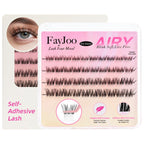 Self-Adhesive Lashes with C Curl Natural Look, 24H Strong Hold, Press On Eyelash Clusters with Invisible Band, Reusable, No Glue/Remover Needed, Beginner Friendly, FayJoo AIRY 12 Pre Glued