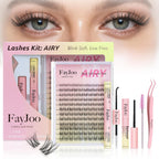 Natural Wispy Lash Clusters Kit, C Curl Soft Individual Lashes 8-16mm, DIY Eyelash Extensions with 0.05mm Thin Invisible Band, DIY Salon Kit with Bond Seal Remover Tweezer, FayJoo AIRY 12 Kit
