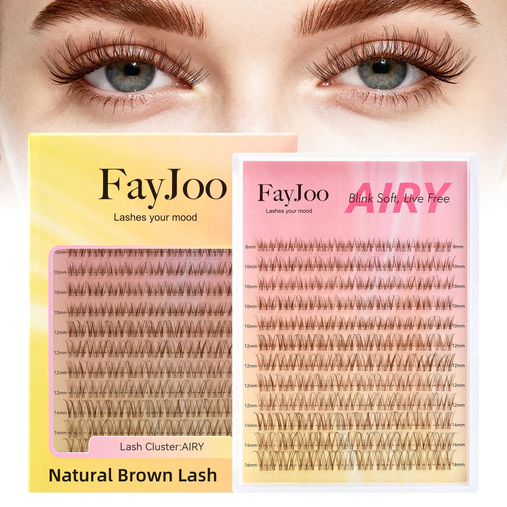 Natural Brown Lash Clusters with 0.05mm Thin Clear Band, Soft Wispy C Curl Lash Extensions, DIY Salon Effect with 8-16mm Lengths,Lightweight for Daily Wear,FayJoo AIRY 12 Brown Lash Only