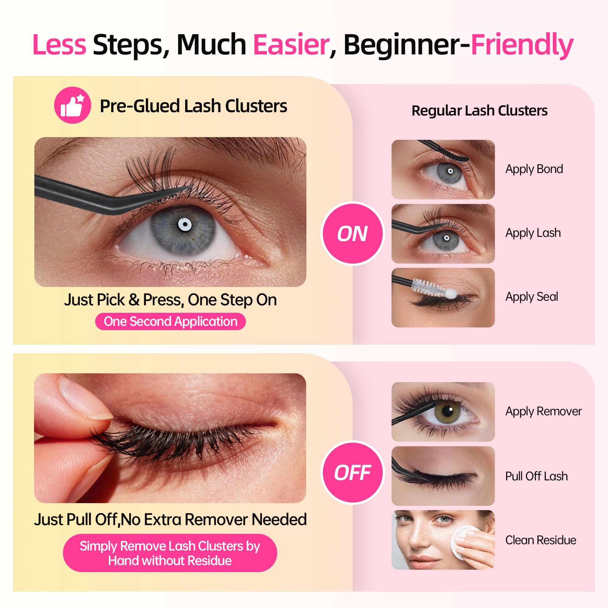 Self-Adhesive Lashes with C Curl Natural Look, 24H Strong Hold, Press On Eyelash Clusters with Invisible Band, Reusable, No Glue/Remover Needed, Beginner Friendly, FayJoo AIRY 12 Pre Glued