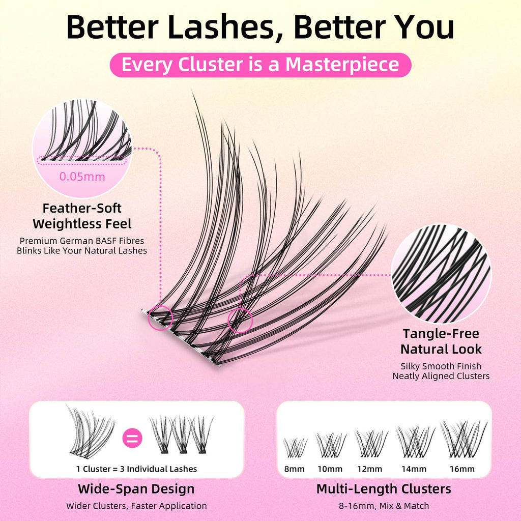 Natural Wispy Soft Lash Clusters with 0.05mm Invisible Band, C Curl 8-16mm, DIY Salon Effect Lightweight Lash Extensions, FayJoo AIRY 11 Lash Only
