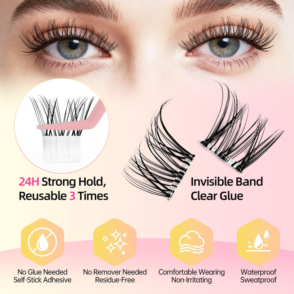 Self-Adhesive Lashes with C Curl Natural Look, 24H Strong Hold, Press On Eyelash Clusters with Invisible Band, Reusable, No Glue/Remover Needed, Beginner Friendly, FayJoo AIRY 12 Pre Glued