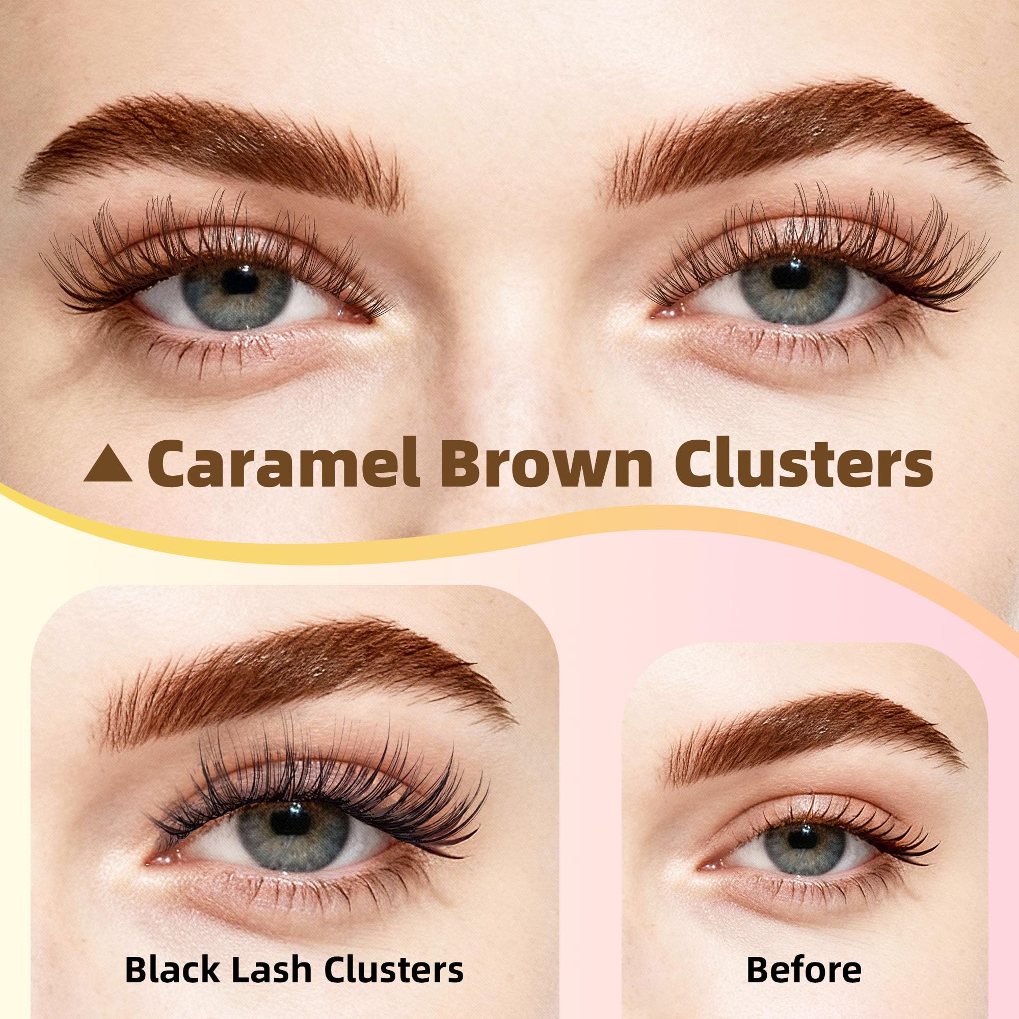 Natural Brown Lash Clusters with 0.05mm Thin Clear Band, Soft Wispy C Curl Lash Extensions, DIY Salon Effect with 8-16mm Lengths,Lightweight for Daily Wear,FayJoo AIRY 12 Brown Lash Only