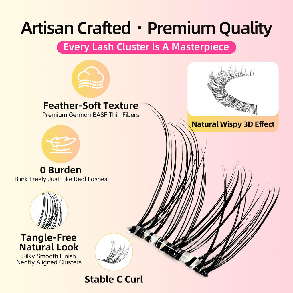 Self-Adhesive Lashes with C Curl Natural Look, 24H Strong Hold, Press On Eyelash Clusters with Invisible Band, Reusable, No Glue/Remover Needed, Beginner Friendly, FayJoo AIRY 12 Pre Glued