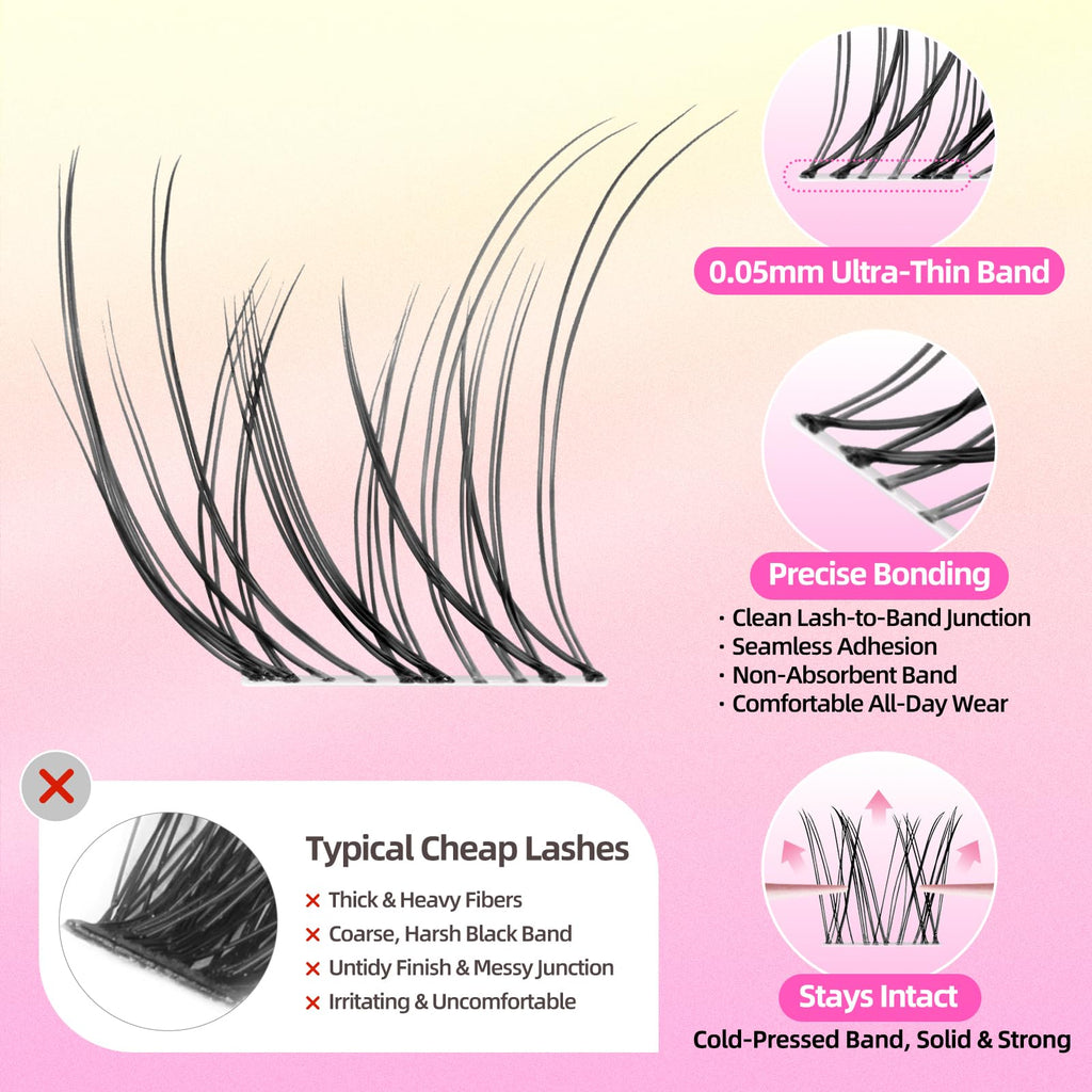 Natural Wispy Lash Clusters Kit, C Curl Soft Individual Lashes 8-16mm, DIY Eyelash Extensions with 0.05mm Thin Invisible Band, DIY Salon Kit with Bond Seal Remover Tweezer, FayJoo AIRY 12 Kit