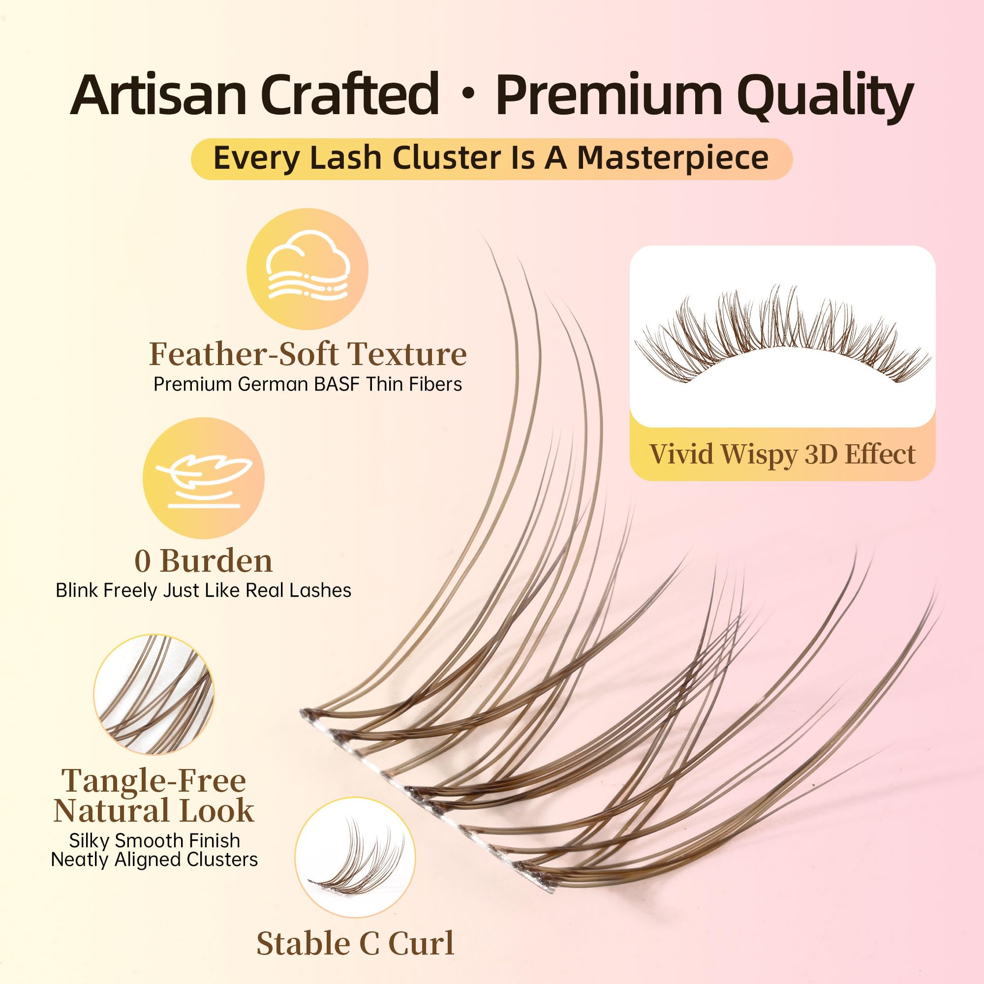 Natural Brown Lash Clusters with Thin Clear Band, Soft Wispy C Curl Lash Extensions, Most-Used Sizes for Daily Wear, Portable Pack, Budget-Friendly for Beginners, FayJoo AIRY 12 Brown Lite