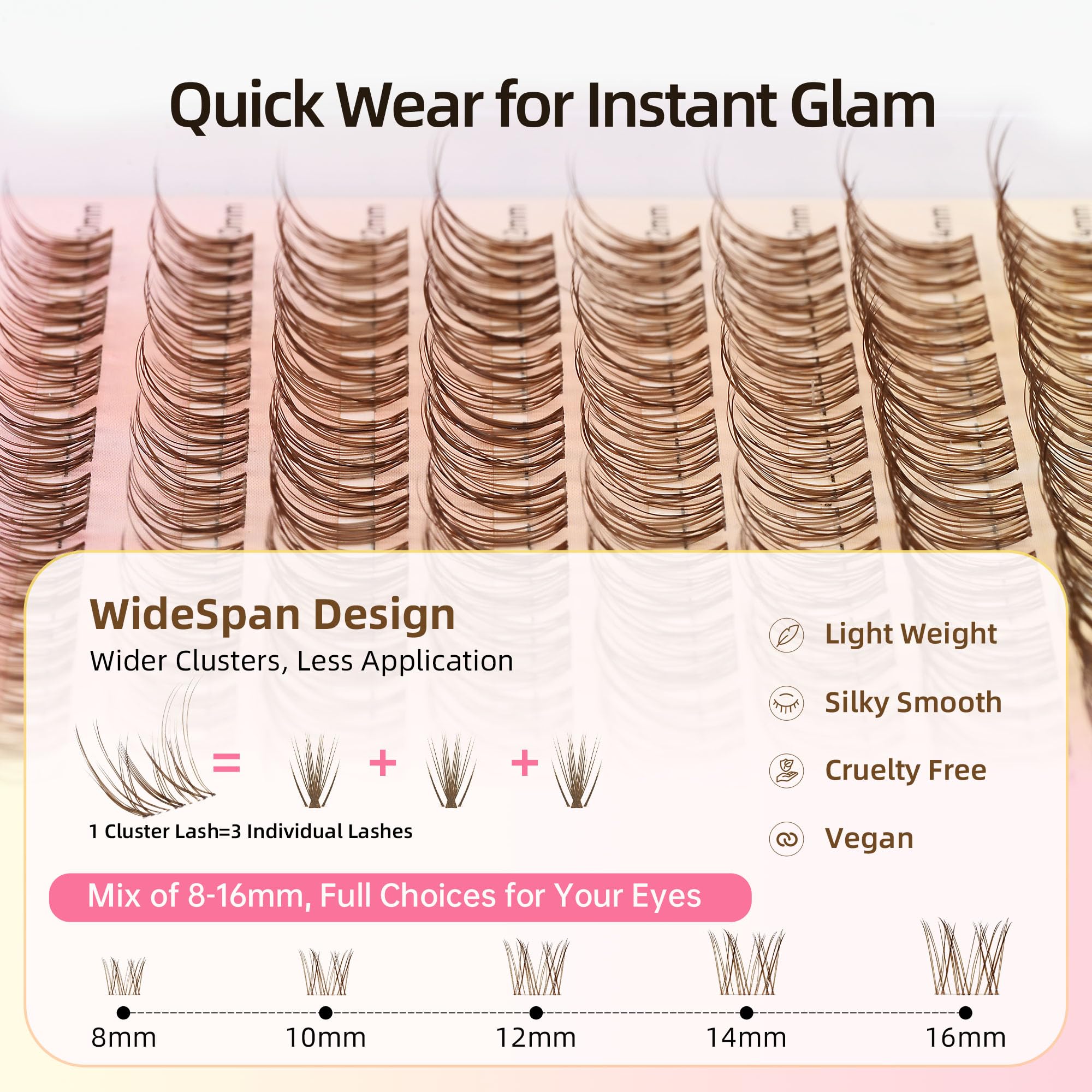 Natural Brown Lash Clusters with 0.05mm Thin Clear Band, Soft Wispy C Curl Lash Extensions, DIY Salon Effect with 8-16mm Lengths,Lightweight for Daily Wear,FayJoo AIRY 12 Brown Lash Only