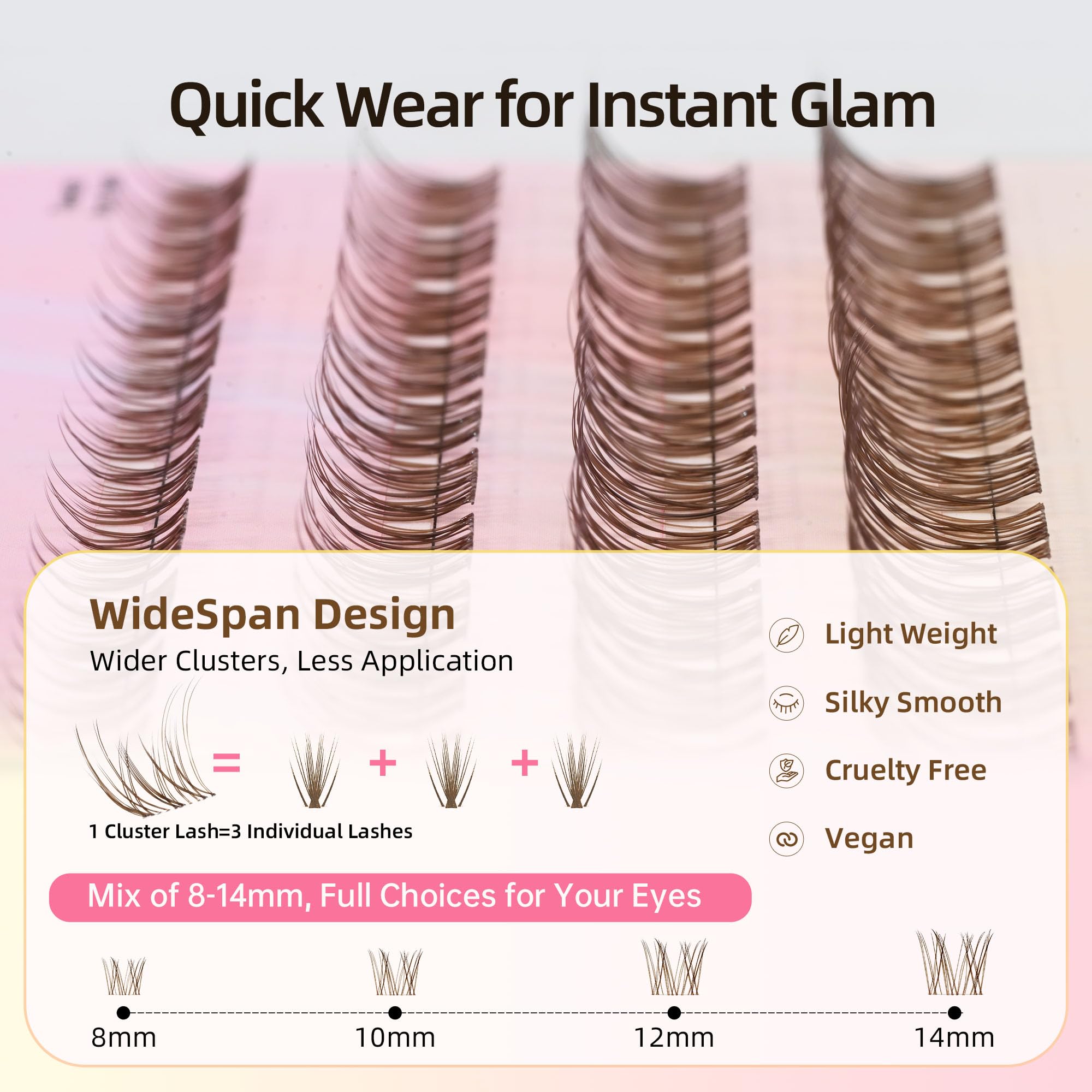 Natural Brown Lash Clusters with Thin Clear Band, Soft Wispy C Curl Lash Extensions, Most-Used Sizes for Daily Wear, Portable Pack, Budget-Friendly for Beginners, FayJoo AIRY 12 Brown Lite