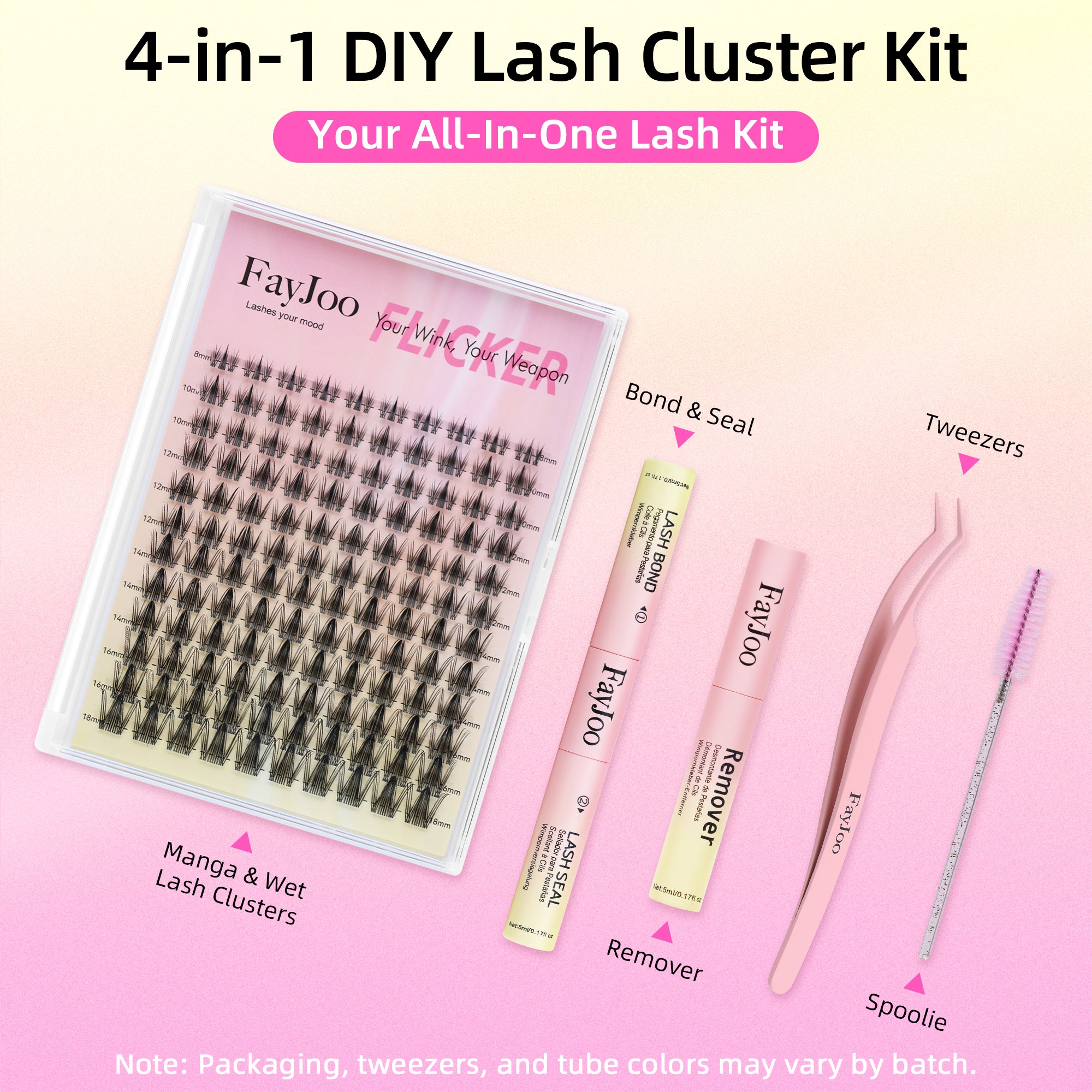 Wispy Spiky Soft Lash Clusters Kit, C Curl 8-18mm, Thin Fiber with 0.05mm Invisible Band, DIY Salon Eyelash Extension Kit with Bond Seal Remover Tweezers, Lightweight, FayJoo FLICKER 11 Kit