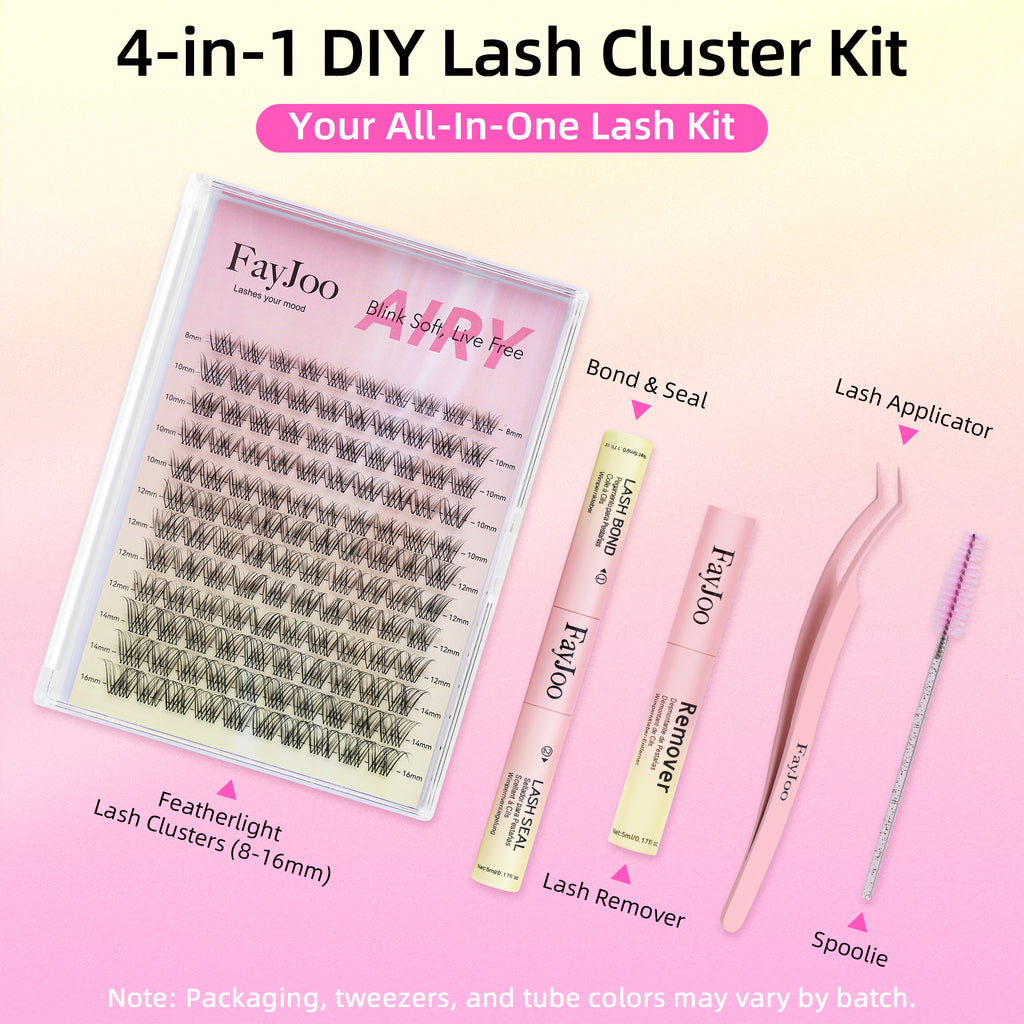Natural Wispy Soft Lash Clusters Kit with 0.05mm Invisible Band, C Curl 8-16mm, DIY Salon Eyelash Extensions with Bond Seal Remover Tweezer, FayJoo AIRY 11 Kit