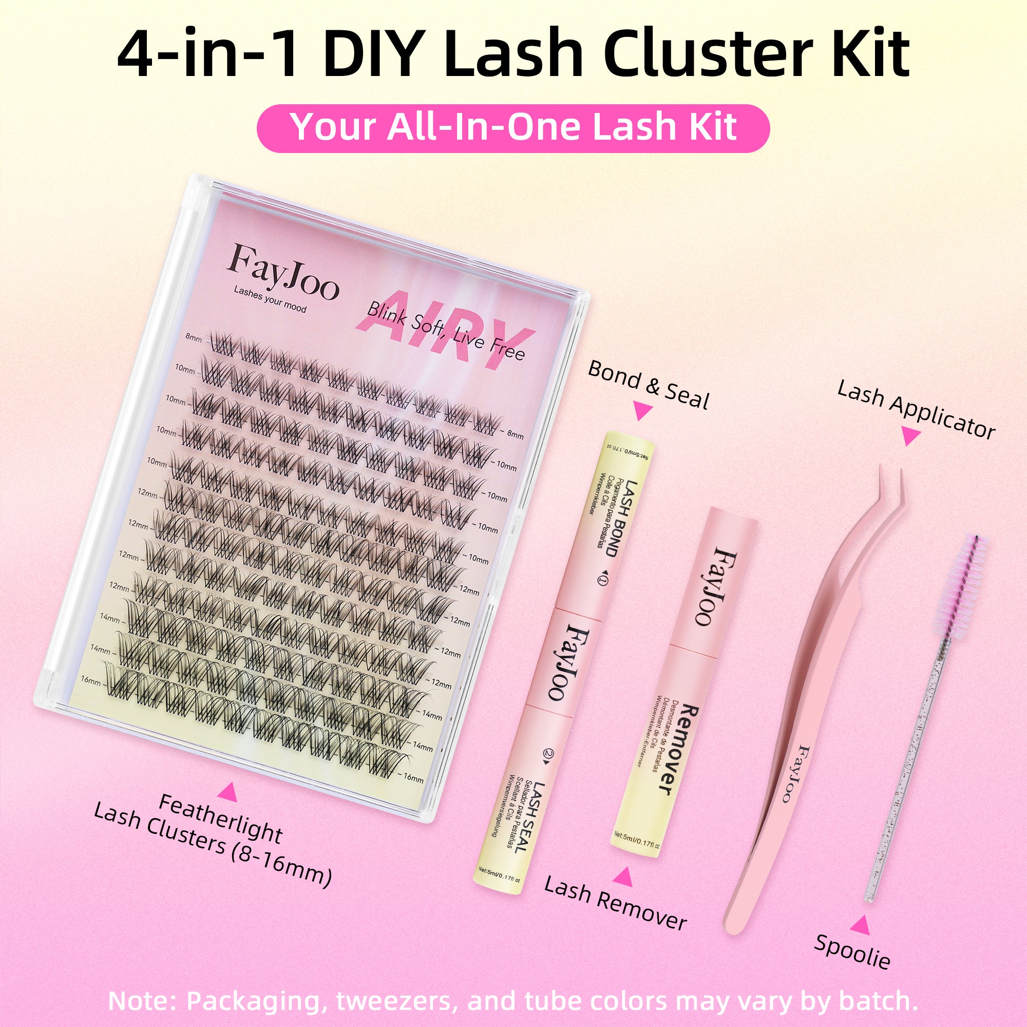 Natural Wispy Soft Lash Clusters Kit with 0.05mm Invisible Band, C Curl 8-16mm, DIY Salon Eyelash Extensions with Bond Seal Remover Tweezer, FayJoo AIRY 11 Kit