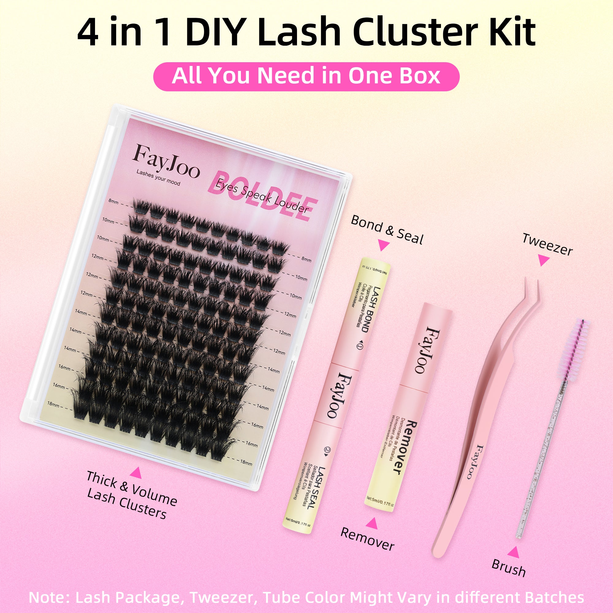 Volume and Soft Lash Clusters, Thin Fiber with 0.05mm Invisible Band,Thick DIY Salon Extensions Kit with Bond Seal Remover Tweezer,C Curl with 8-18mm Lengths,FayJoo BOLDEE 12 Kit