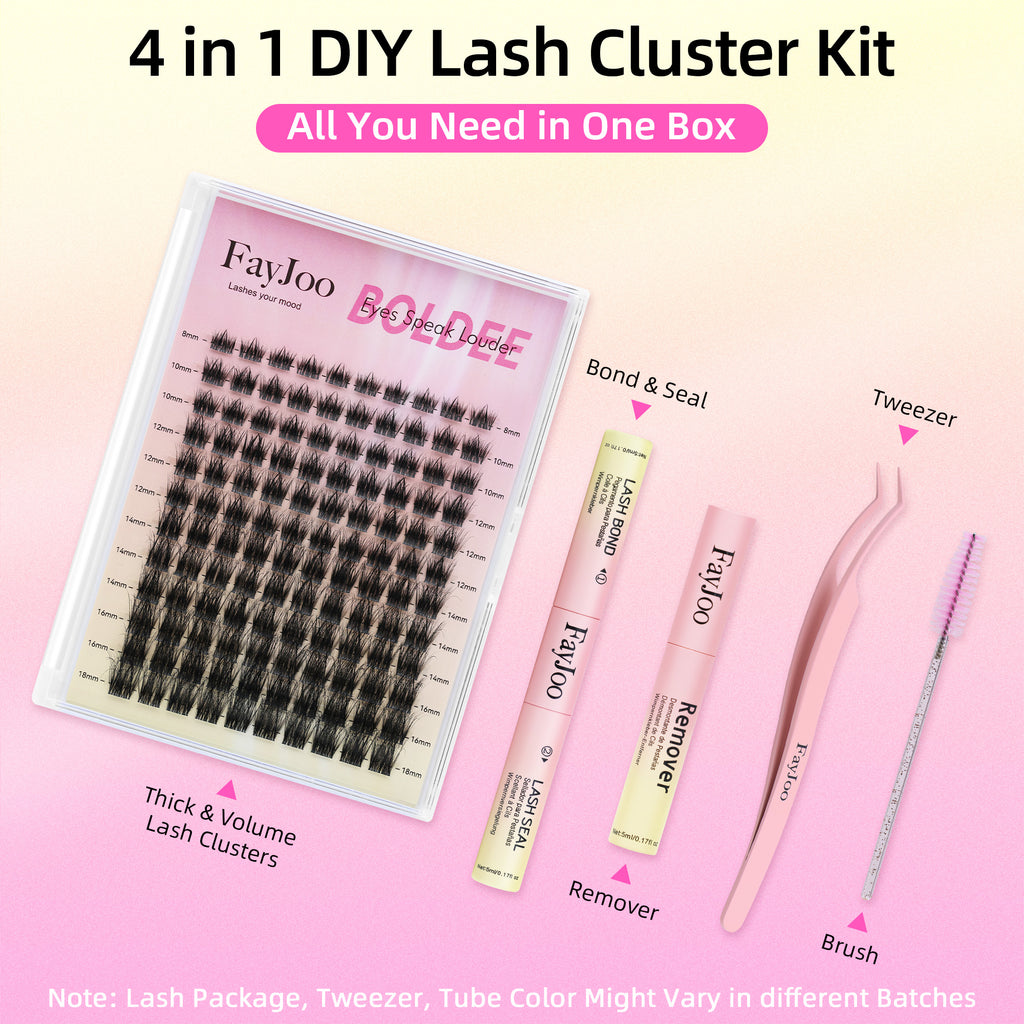 Volume and Soft Lash Clusters, Thin Fiber with 0.05mm Invisible Band,Thick DIY Salon Extensions Kit with Bond Seal Remover Tweezer,C Curl with 8-18mm Lengths,FayJoo BOLDEE 13 Kit