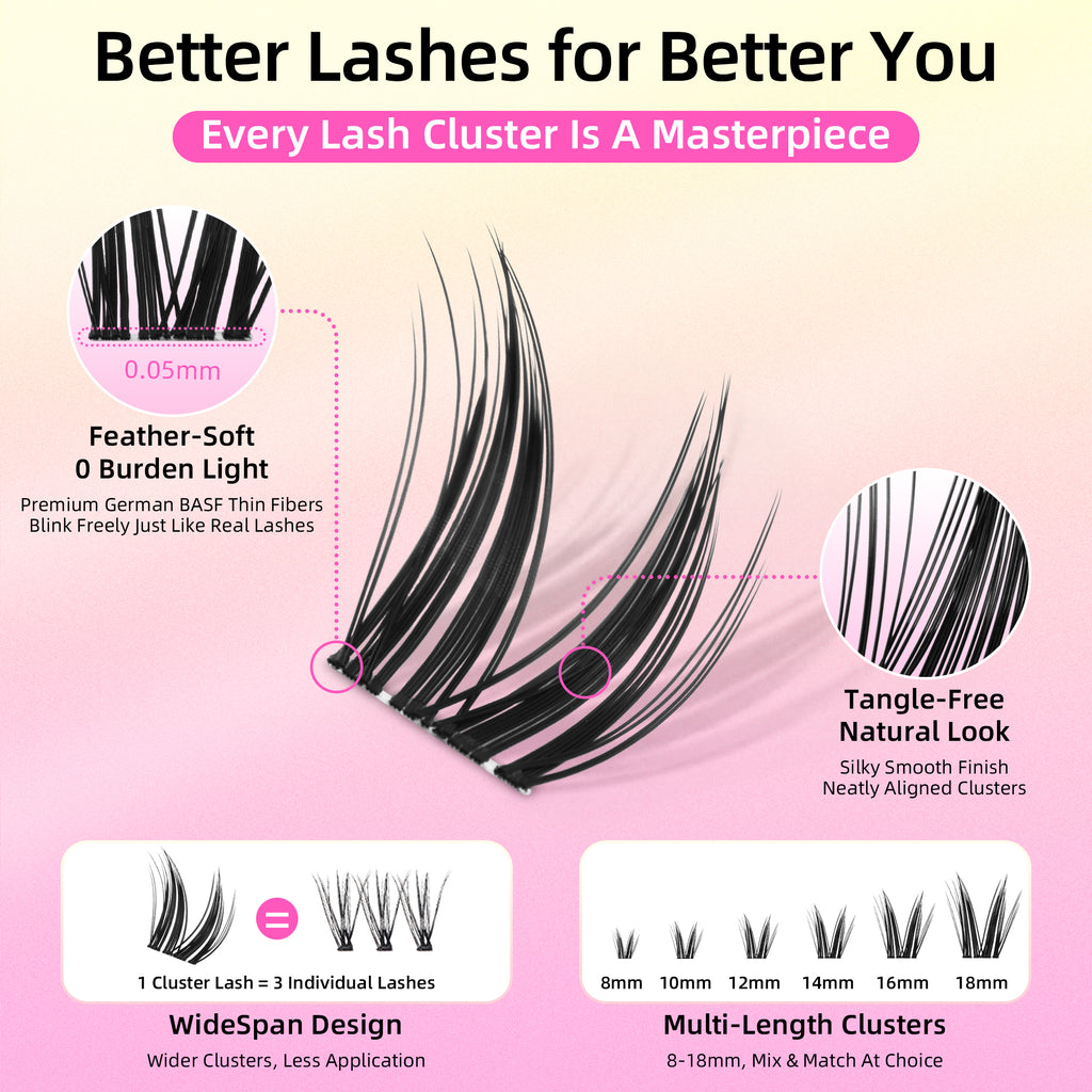 Dramatic Volume Lash Clusters, 0.05mm Thin Band 8-18mm C Curl, DIY Lash Extension Reusable, FayJoo BOLDEE 11 Lash Only
