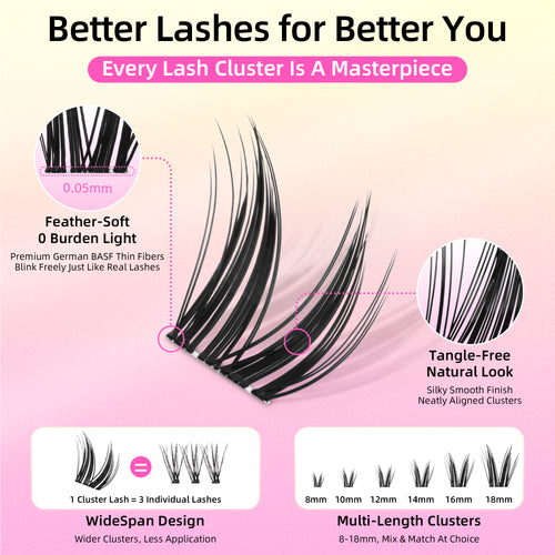 Dramatic Volume Lash Clusters, 0.05mm Thin Band 10-16mm C Curl, Compact Travel Pack, Budget-Friendly for Beginners, FayJoo BOLDEE 11 Lite