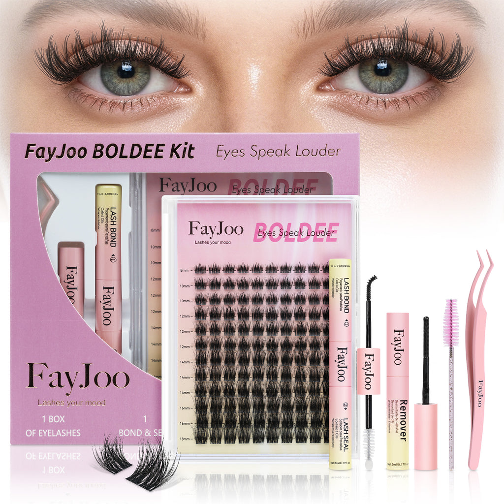 Volume and Soft Lash Clusters, Thin Fiber with 0.05mm Invisible Band,Thick DIY Salon Extensions Kit with Bond Seal Remover Tweezer,C Curl with 8-18mm Lengths,FayJoo BOLDEE 13 Kit