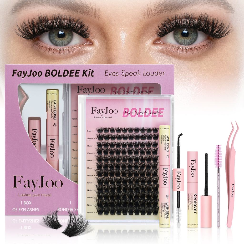 Volume and Soft Lash Clusters, Thin Fiber with 0.05mm Invisible Band,Thick DIY Salon Extensions Kit with Bond Seal Remover Tweezer,C Curl with 8-18mm Lengths,FayJoo BOLDEE 12 Kit