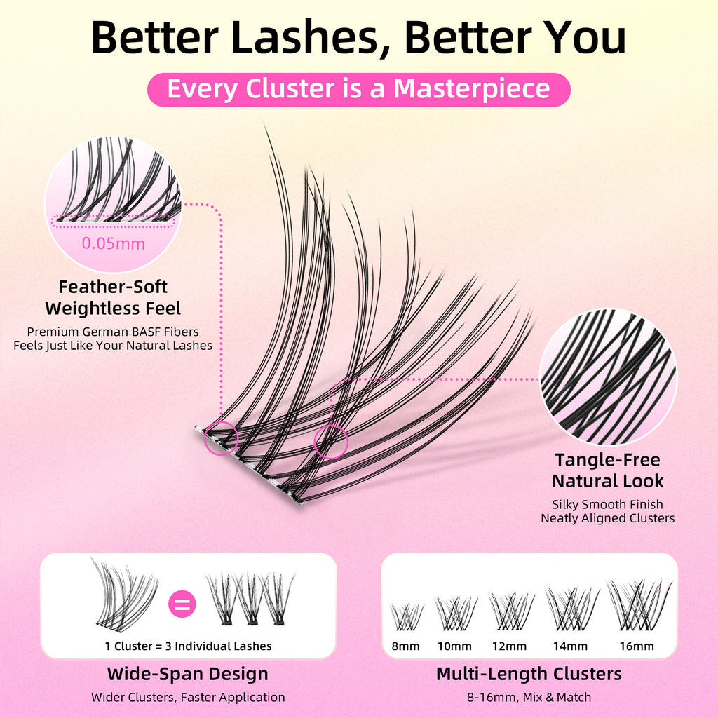 Natural Wispy Soft Lash Clusters Kit with 0.05mm Invisible Band, C Curl 8-16mm, DIY Salon Eyelash Extensions with Bond Seal Remover Tweezer, FayJoo AIRY 11 Kit