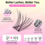 Natural Wispy Soft Lash Clusters Kit with 0.05mm Invisible Band, C Curl 8-16mm, DIY Salon Eyelash Extensions with Bond Seal Remover Tweezer, FayJoo AIRY 11 Kit