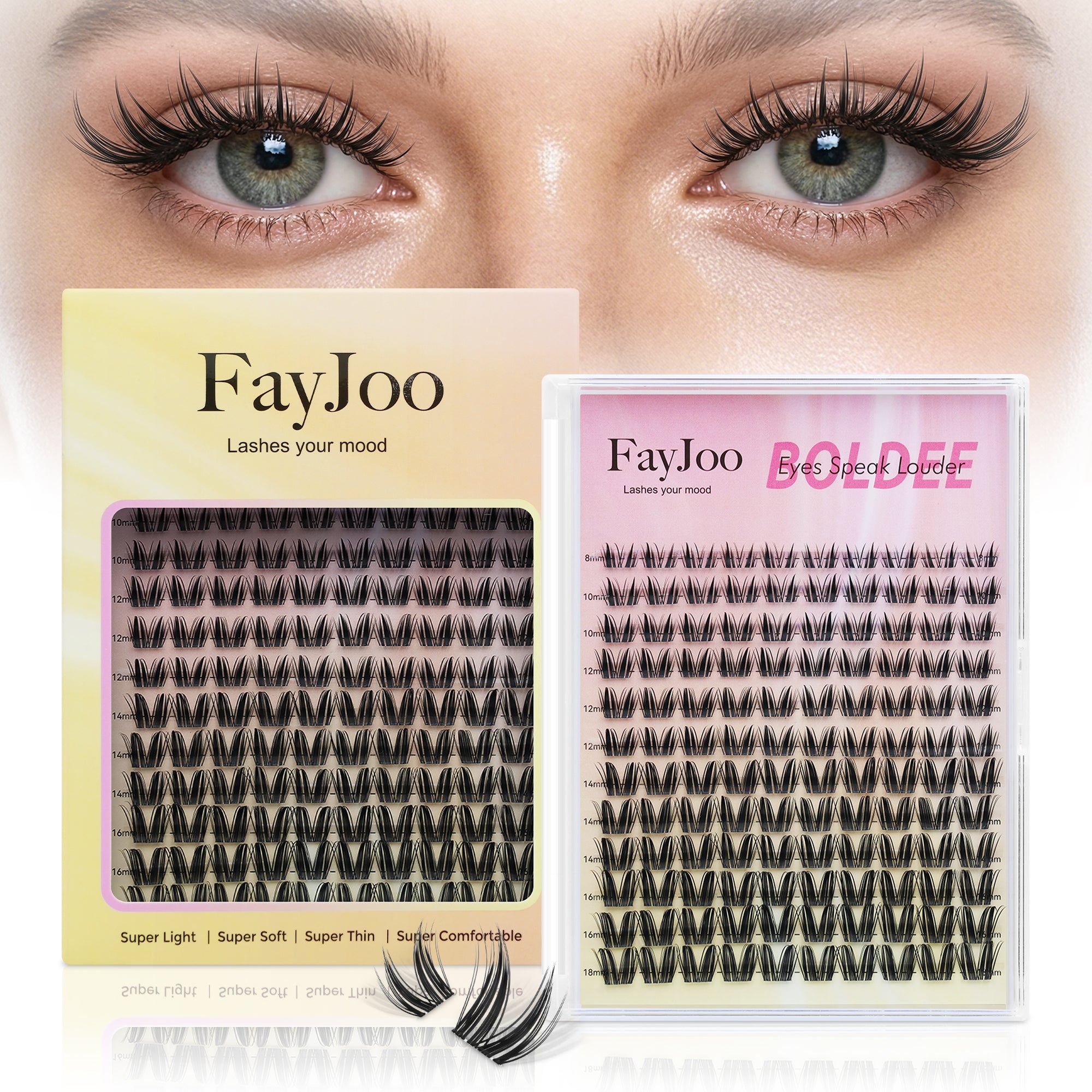 Dramatic Volume Lash Clusters, 0.05mm Thin Band 8-18mm C Curl, DIY Lash Extension Reusable, FayJoo BOLDEE 11 Lash Only