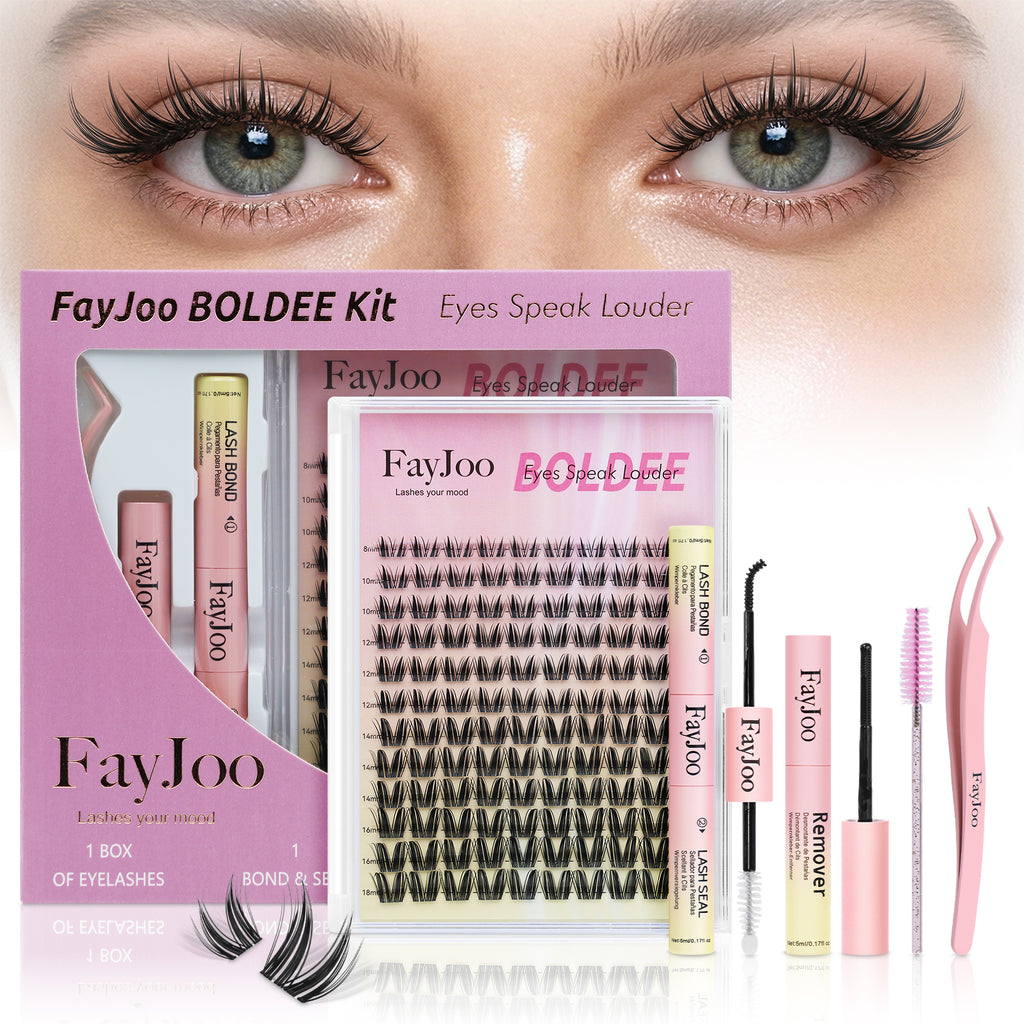 Dramatic Volume Lash Clusters Kit, 0.05mm Thin Band 8-18mm C Curl, DIY Lash Extension with Bond/Seal/Remover/Tweezer, Waterproof Reusable, FayJoo BOLDEE 11 Kit