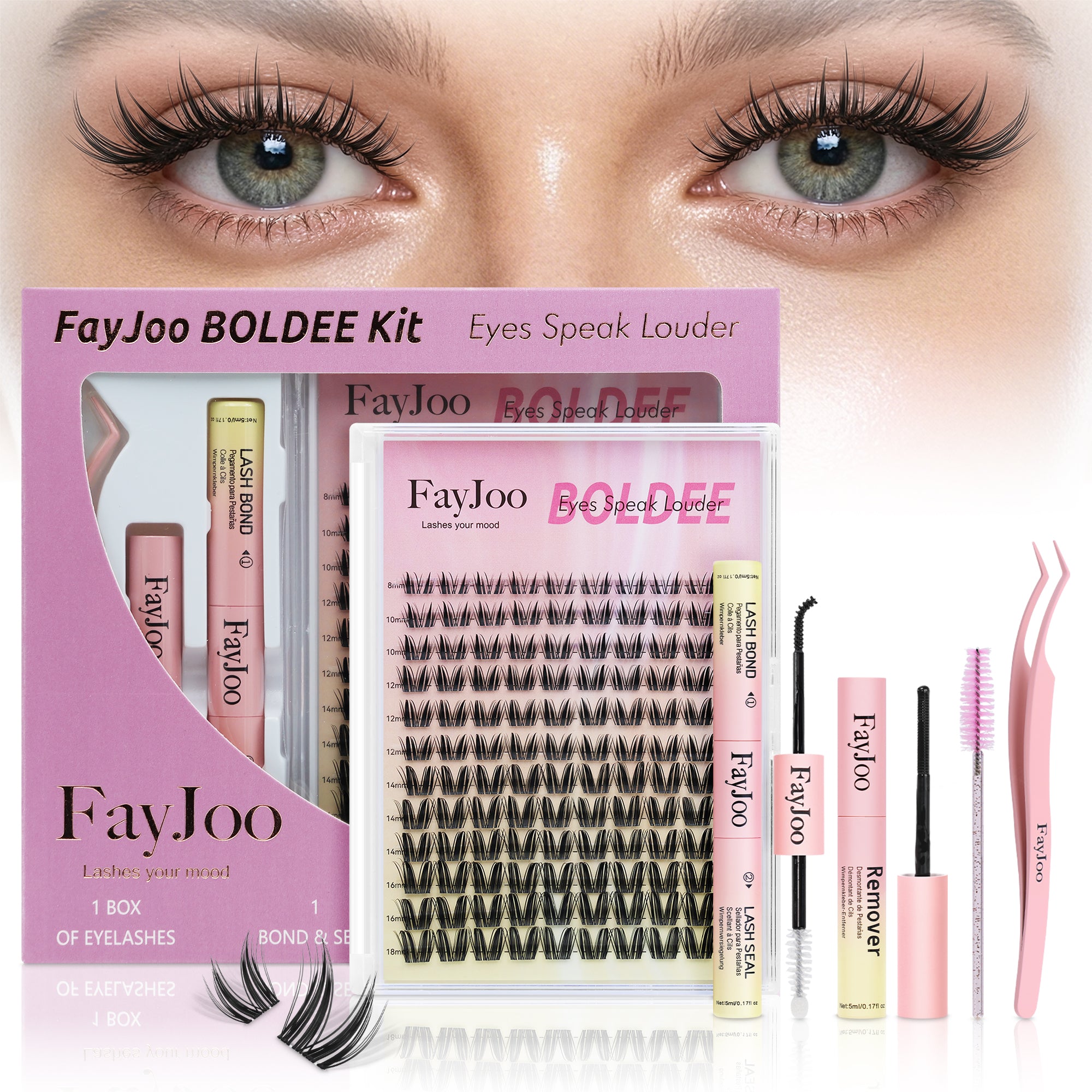 Dramatic Volume Lash Clusters Kit, 0.05mm Thin Band 8-18mm C Curl, DIY Lash Extension with Bond/Seal/Remover/Tweezer, Waterproof Reusable, FayJoo BOLDEE 11 Kit