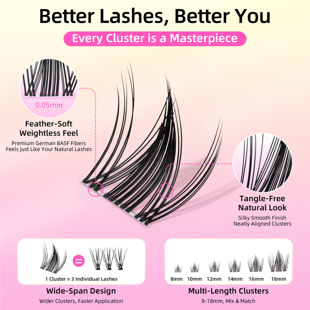 Wispy Spiky Soft Lash Clusters Kit, C Curl 8-18mm, Thin Fiber with 0.05mm Invisible Band, DIY Salon Eyelash Extension Kit with Bond Seal Remover Tweezers, Lightweight, FayJoo FLICKER 11 Kit