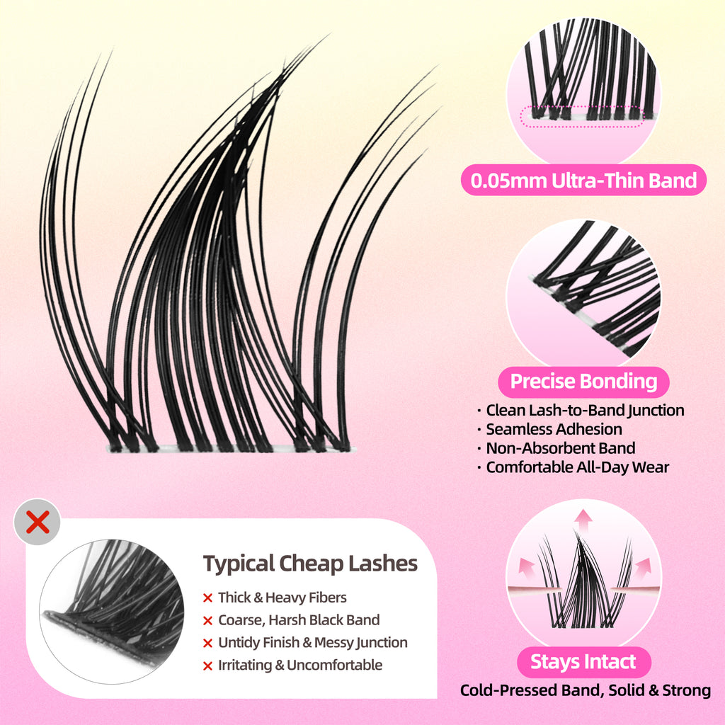 Wispy Spiky Soft Lash Clusters Kit, C Curl 8-18mm, Thin Fiber with 0.05mm Invisible Band, DIY Salon Eyelash Extension Kit with Bond Seal Remover Tweezers, Lightweight, FayJoo FLICKER 11 Kit