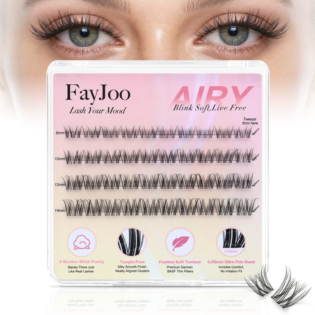 Natural Lash Clusters with 0.05mm Thin Invisible Band, Soft Wispy C Curl, Most-Used Sizes for Daily Wear, Travel Compact Pack, Budget-Friendly for Beginner & Trial Seeker, FayJoo AIRY 12 Lite