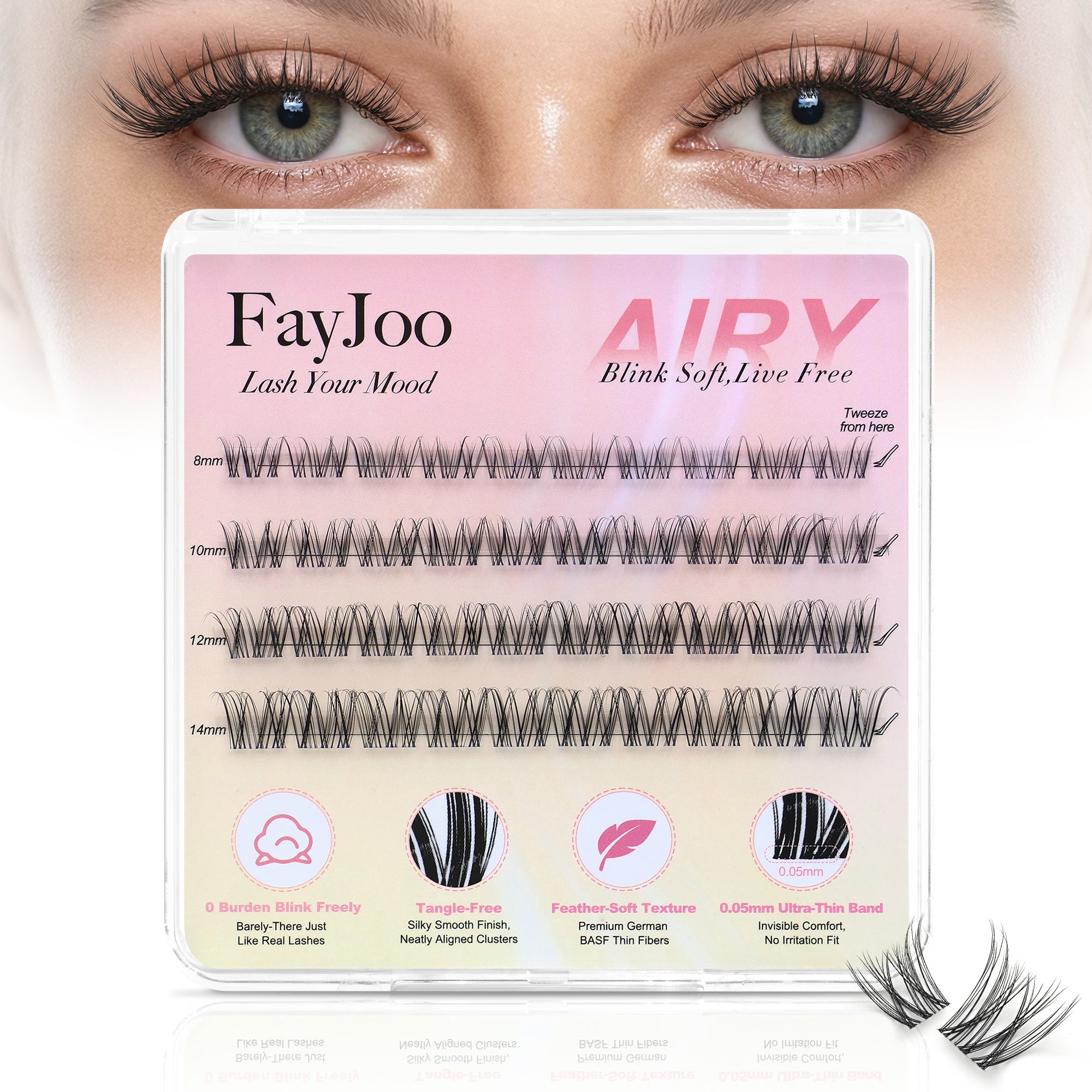 Natural Lash Clusters with 0.05mm Thin Invisible Band, Soft Wispy C Curl, Most-Used Sizes for Daily Wear, Travel Compact Pack, Budget-Friendly for Beginner & Trial Seeker, FayJoo AIRY 12 Lite