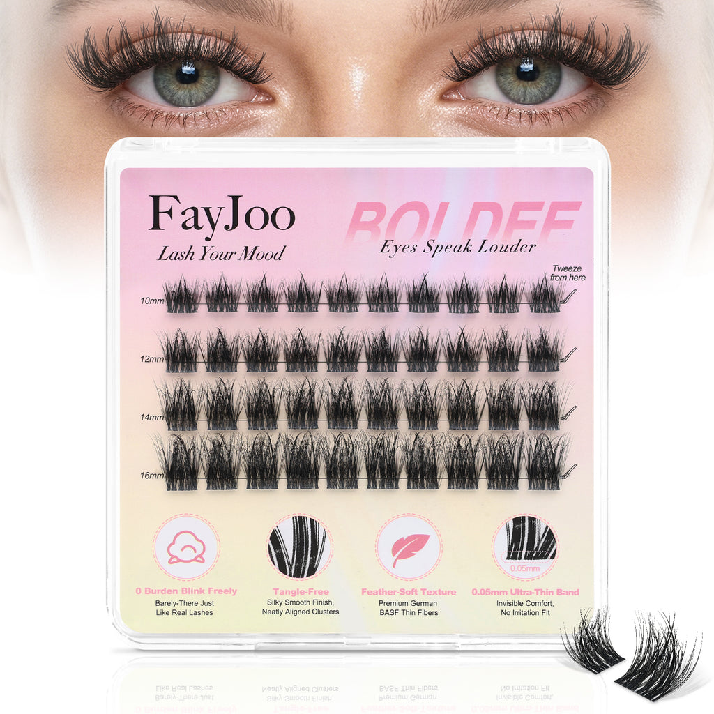 Lush & Soft Lash Clusters with Thin Invisible Band, C Curl, 10-16mm for Bold Glam in Daily Life or Events, Travel Compact Pack, Budget-Friendly for Beginner&Trial Seeker, FayJoo BOLDEE 13 Lite