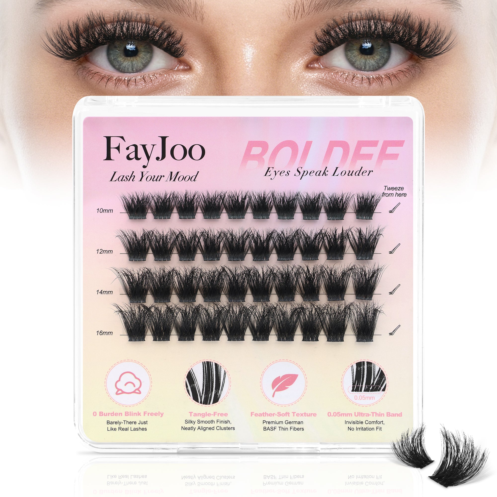 Lush & Soft Lash Clusters with Thin Invisible Band, C Curl, 10-16mm for Bold Glam in Daily Life or Events, Travel Compact Pack, Budget-Friendly for Beginner&Trial Seeker, FayJoo BOLDEE 12 Lite