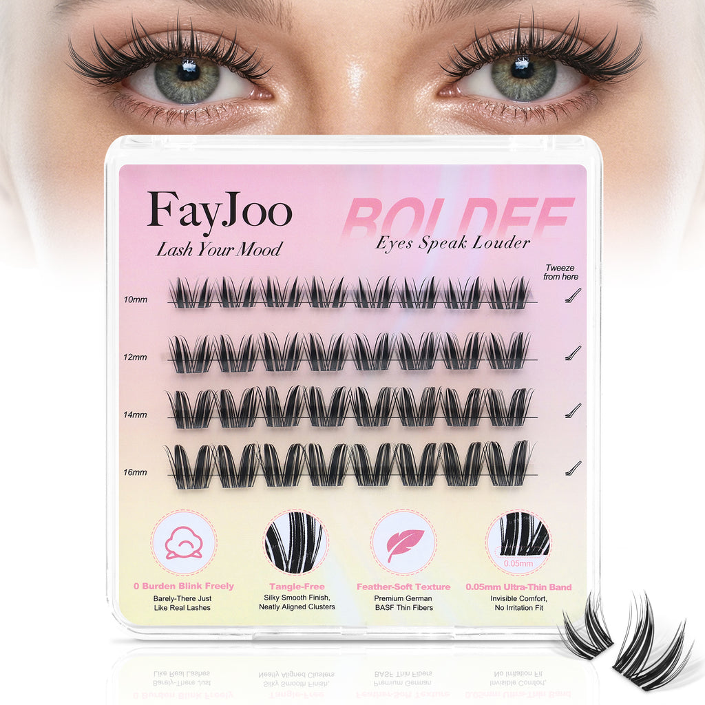 Dramatic Volume Lash Clusters, 0.05mm Thin Band 10-16mm C Curl, Compact Travel Pack, Budget-Friendly for Beginners, FayJoo BOLDEE 11 Lite