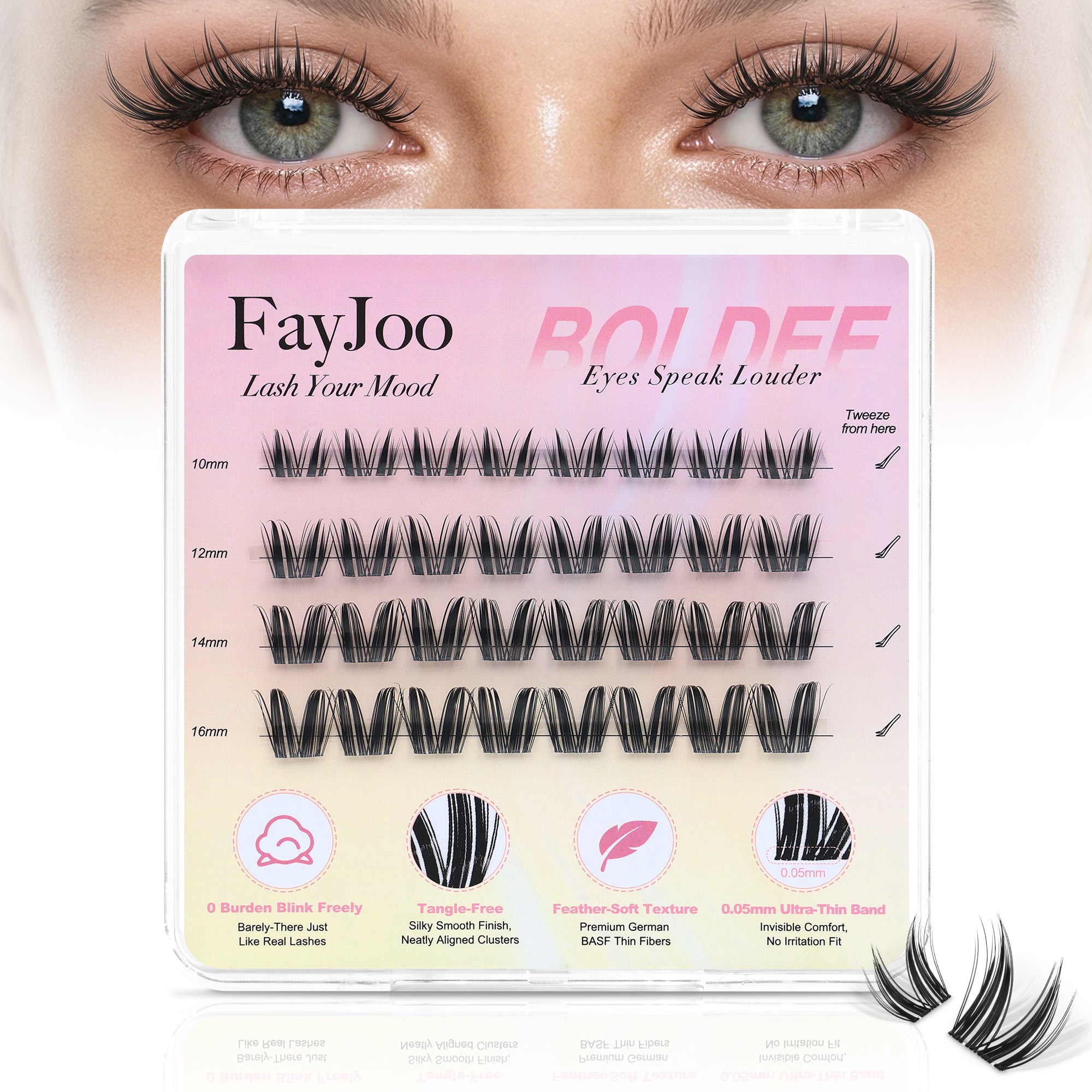 Dramatic Volume Lash Clusters, 0.05mm Thin Band 10-16mm C Curl, Compact Travel Pack, Budget-Friendly for Beginners, FayJoo BOLDEE 11 Lite