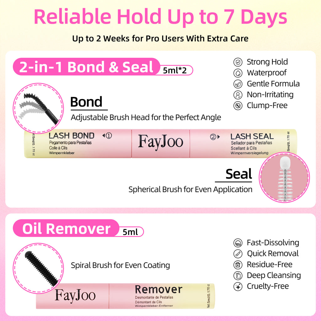 Eyelash Adhesive Long Lasting Up to 7 Days, Strong & Flexible Hold Glue for Eyelash Extensions, Hypoallergenic, Waterproof & Quick-Dry, 3 in 1 Bond & Seal & Remover for Lash Cluster(5ml Each)