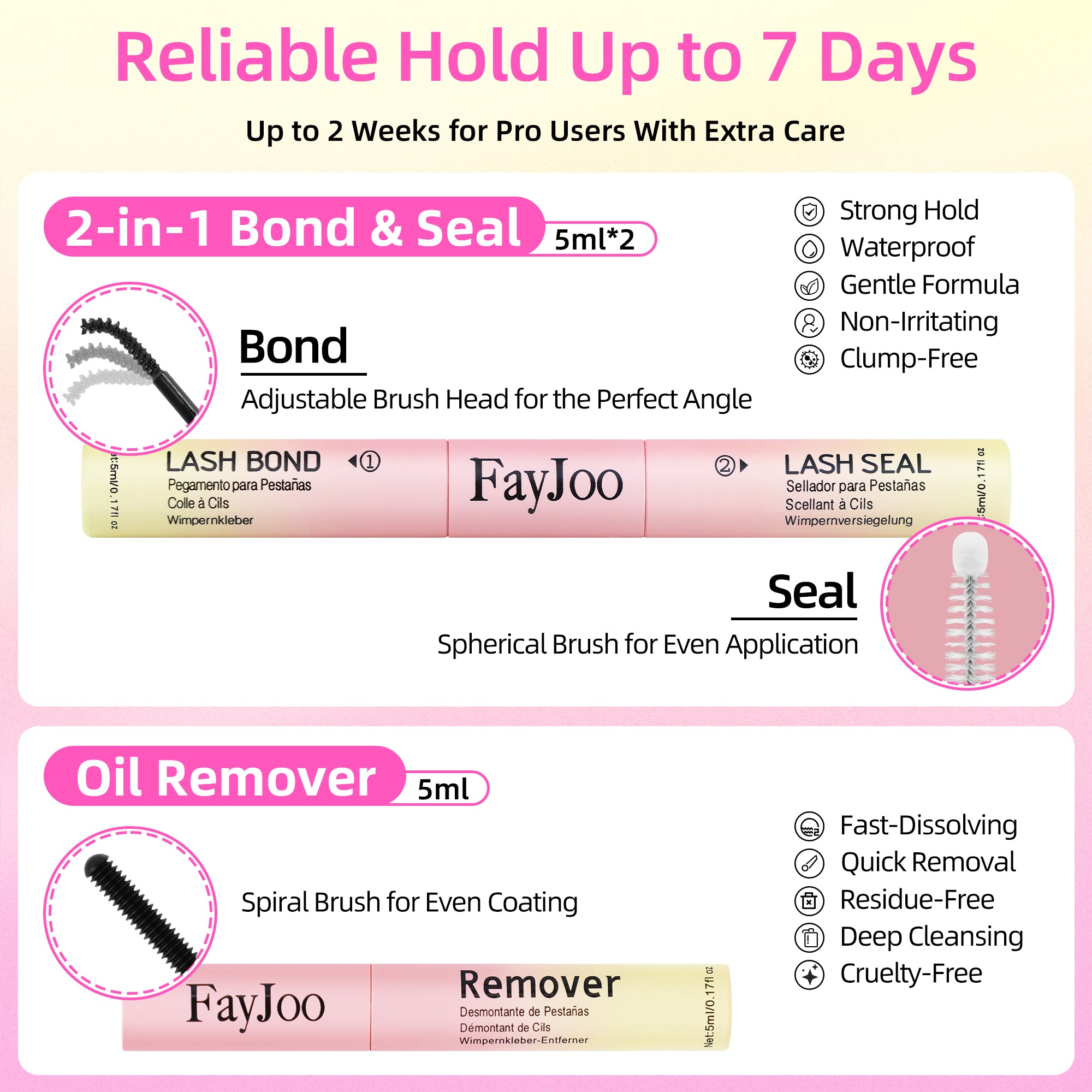 Eyelash Adhesive Long Lasting Up to 7 Days, Strong & Flexible Hold Glue for Eyelash Extensions, Hypoallergenic, Waterproof & Quick-Dry, 3 in 1 Bond & Seal & Remover for Lash Cluster(5ml Each)