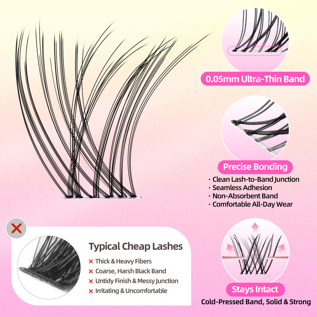 Natural Wispy Soft Lash Clusters Kit with 0.05mm Invisible Band, C Curl 8-16mm, DIY Salon Eyelash Extensions with Bond Seal Remover Tweezer, FayJoo AIRY 11 Kit