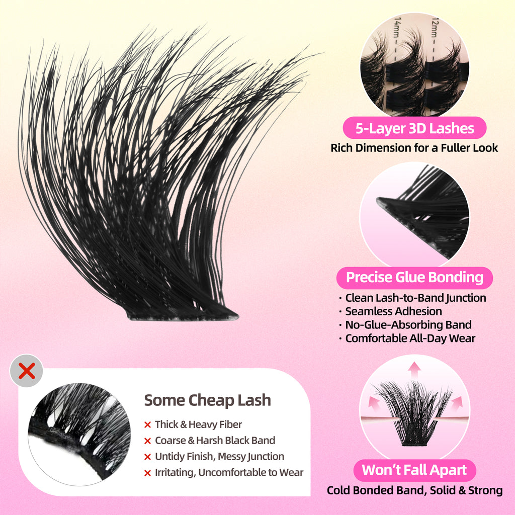 Lush & Soft Lash Clusters with Thin Invisible Band, C Curl, 10-16mm for Bold Glam in Daily Life or Events, Travel Compact Pack, Budget-Friendly for Beginner&Trial Seeker, FayJoo BOLDEE 12 Lite