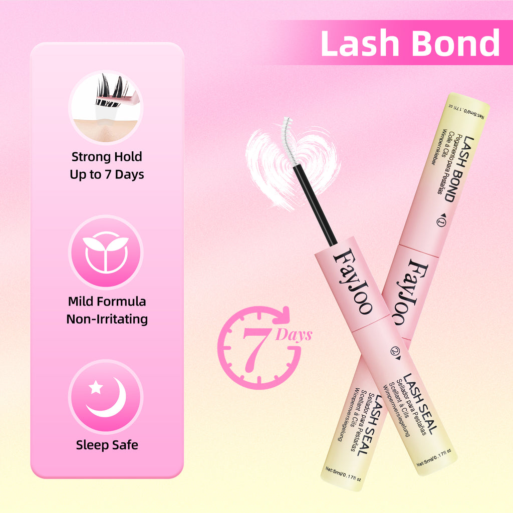 Eyelash Adhesive Long Lasting Up to 7 Days, Strong & Flexible Hold Glue for Eyelash Extensions, Hypoallergenic, Waterproof & Quick-Dry, 2 in 1 Bond & Seal for Lash Cluster(5ml*2), White/Clear