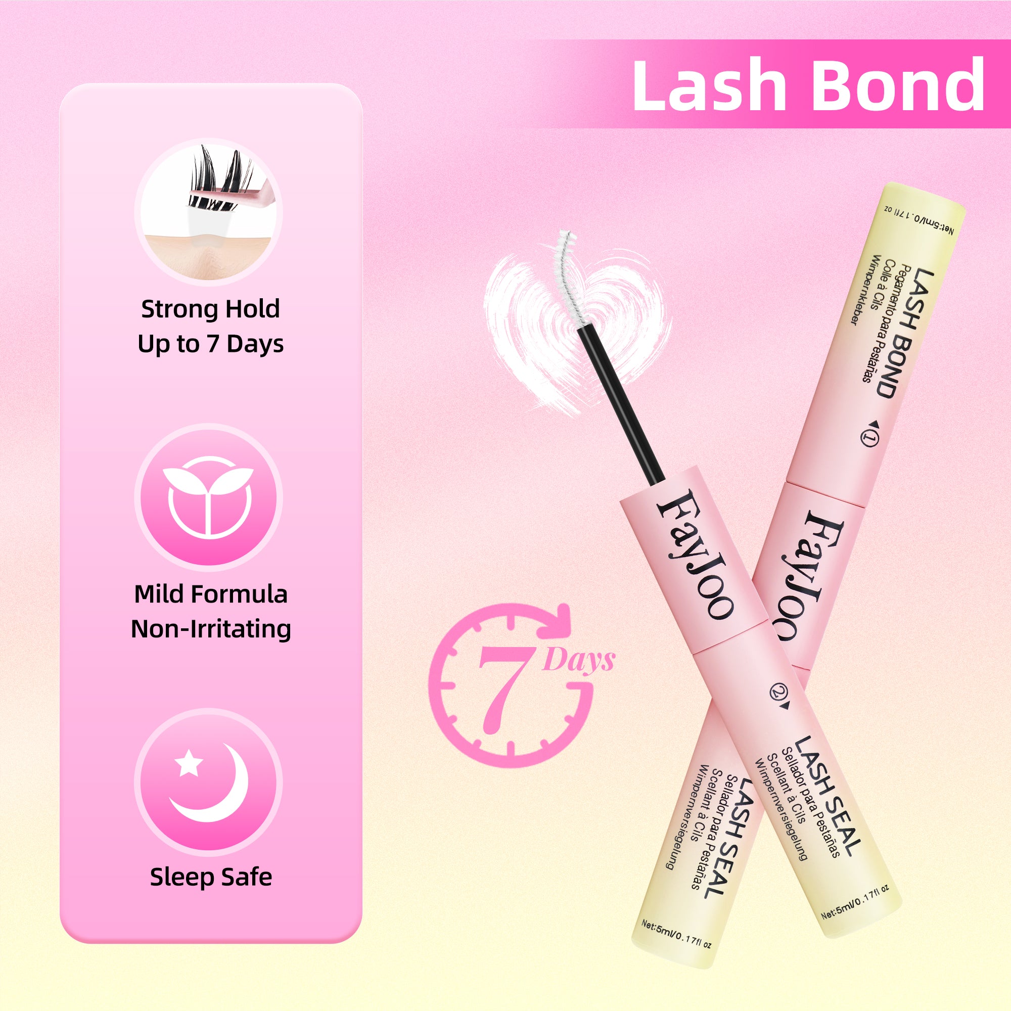 Eyelash Adhesive Long Lasting Up to 7 Days, Strong & Flexible Hold Glue for Eyelash Extensions, Hypoallergenic, Waterproof & Quick-Dry, 2 in 1 Bond & Seal for Lash Cluster(5ml*2), White/Clear