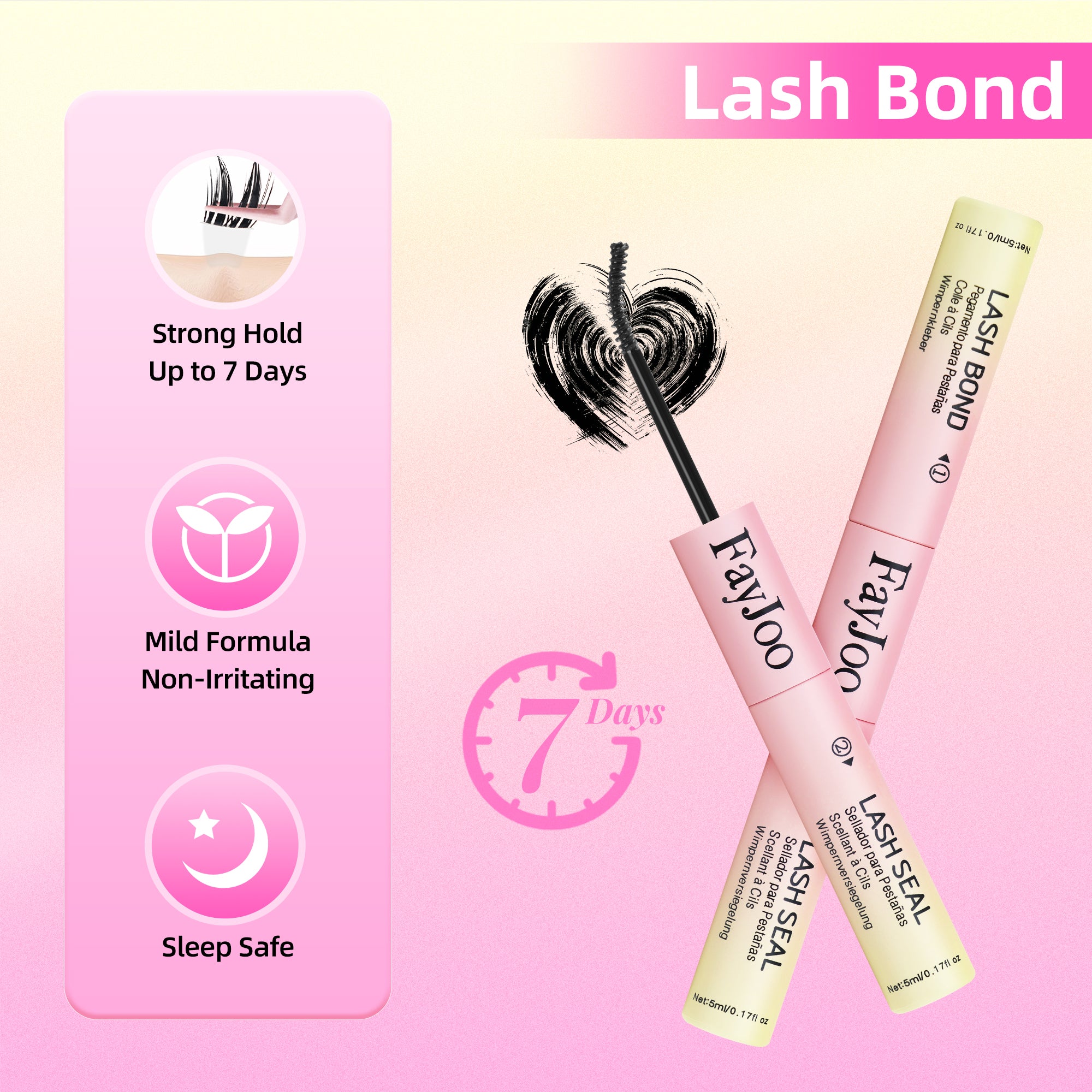 Eyelash Adhesive Long Lasting Up to 7 Days, Strong & Flexible Hold Glue for Eyelash Extensions, Hypoallergenic, Waterproof & Quick-Dry, 3 in 1 Bond & Seal & Remover for Lash Cluster(5ml Each)