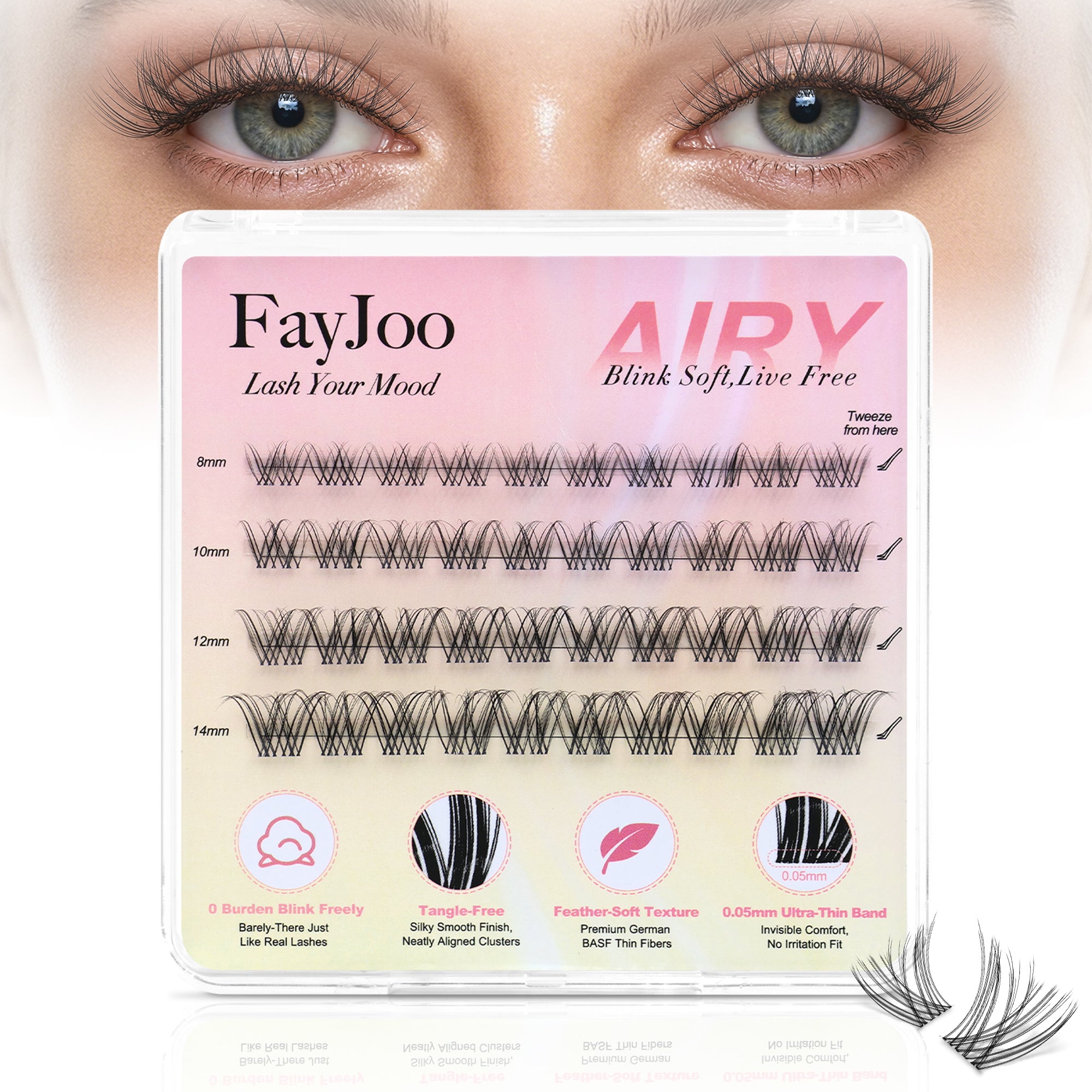 Natural Lash Clusters with 0.05mm Thin Invisible Band, Soft Wispy C Curl, Most-Used Sizes 8-14mm for Daily Wear, Travel Compact Pack, Budget-Friendly for Beginner, FayJoo AIRY 11 Lite