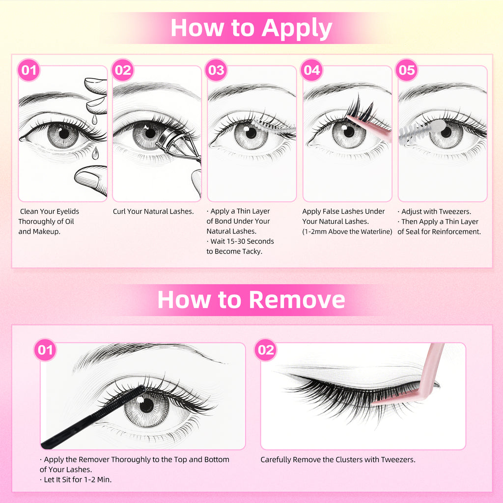 Eyelash Adhesive Long Lasting Up to 7 Days, Strong & Flexible Hold Glue for Eyelash Extensions, Hypoallergenic, Waterproof & Quick-Dry, 2 in 1 Bond & Seal for Lash Cluster(5ml*2), White/Clear