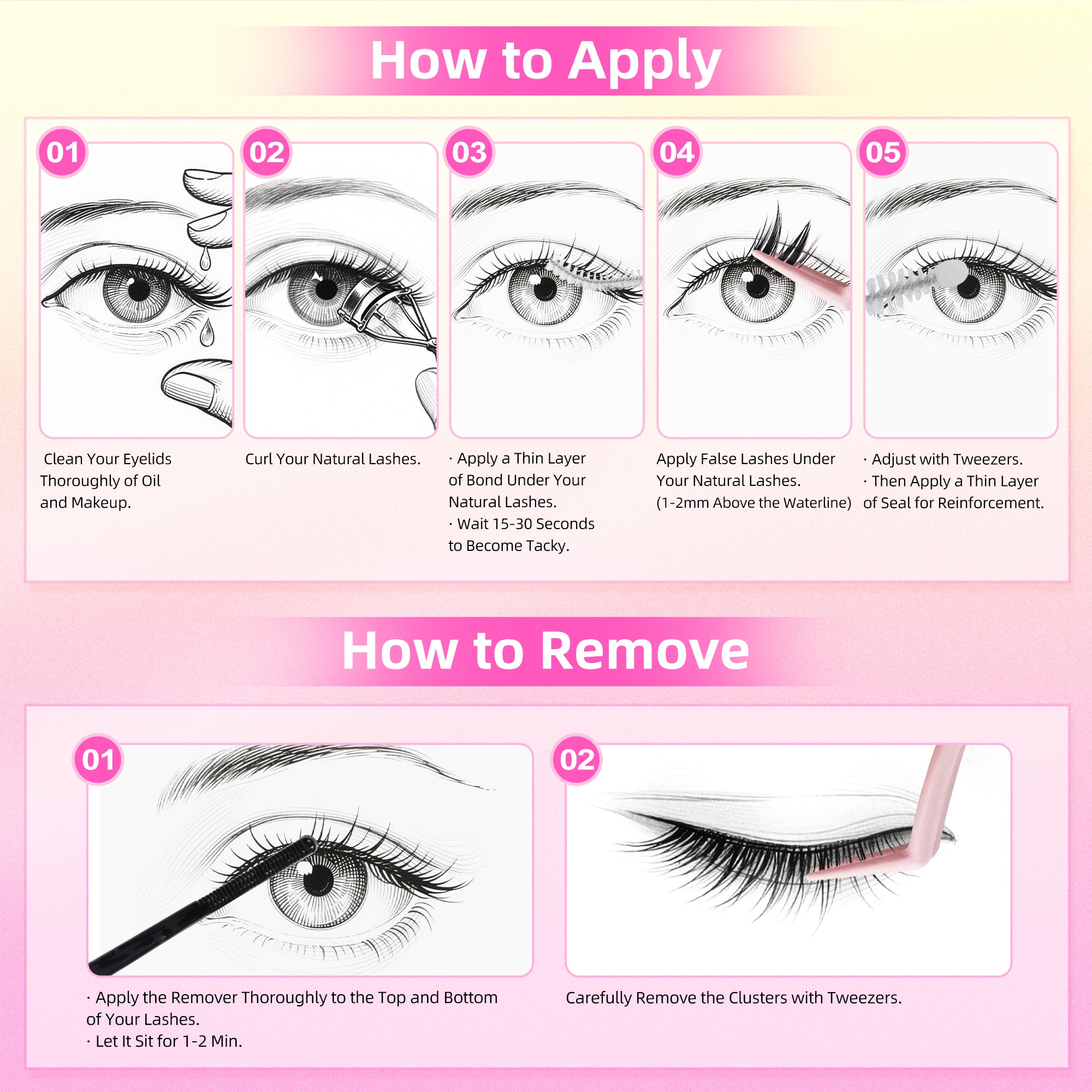 Eyelash Adhesive Long Lasting Up to 7 Days, Strong & Flexible Hold Glue for Eyelash Extensions, Hypoallergenic, Waterproof & Quick-Dry, 2 in 1 Bond & Seal for Lash Cluster(5ml*2), White/Clear