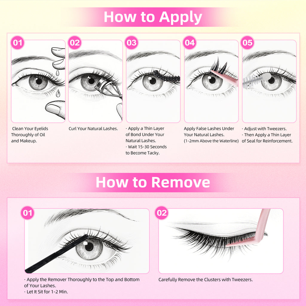 Eyelash Adhesive Long Lasting Up to 7 Days, Strong & Flexible Hold Glue for Eyelash Extensions, Hypoallergenic, Waterproof & Quick-Dry, 3 in 1 Bond & Seal & Remover for Lash Cluster(5ml Each)